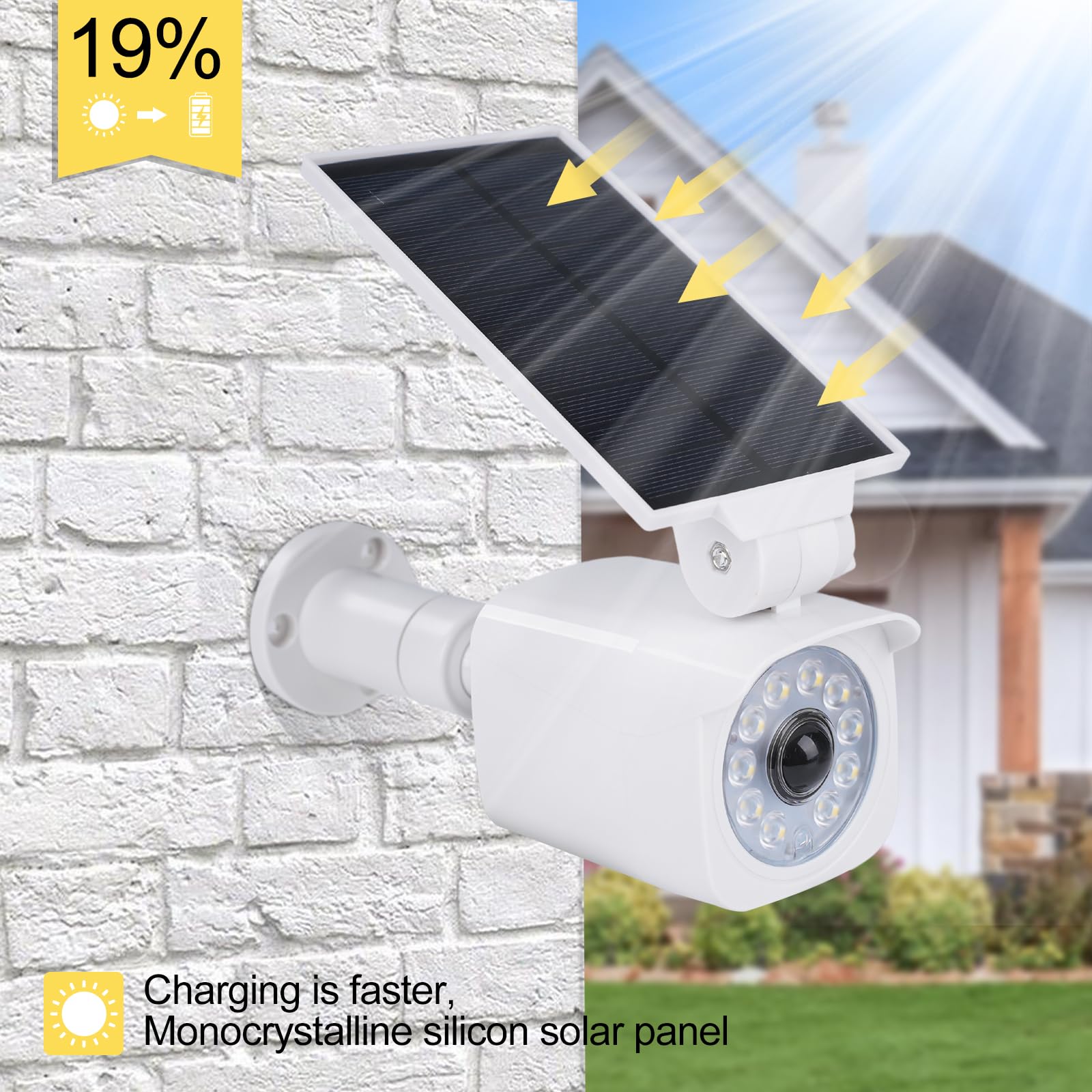 Lampes solaires d'extérieur avec détecteur de mouvement Lampes solaires LED avec caméra factice Caméra de surveillance factice 360° Panneau solaire pivotant à 120° 5V/1.5W 2200mAh IP65 Blanc.