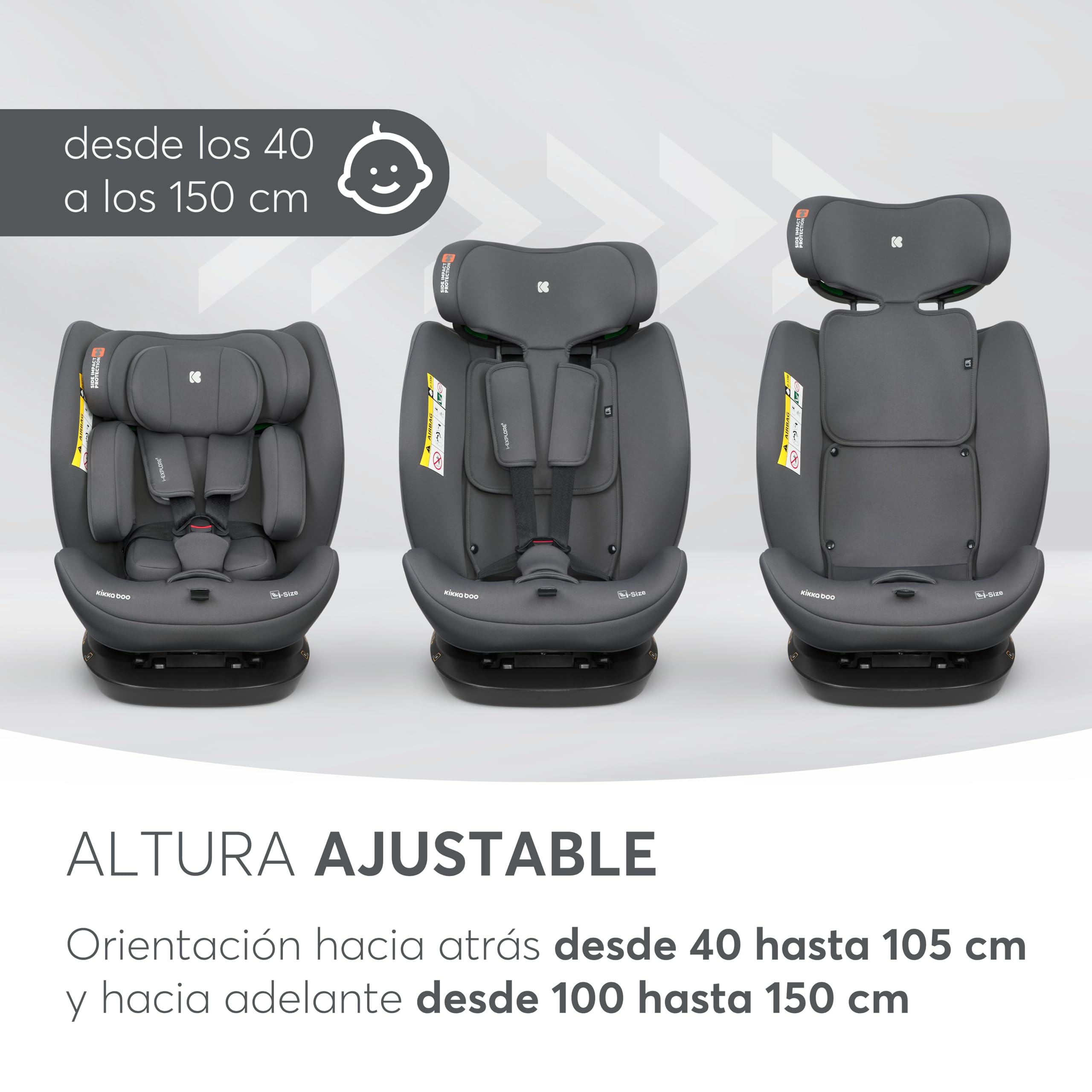 KikkaBoo Silla Coche Bebé sin ISOFIX i-EXPLORE 2, Grupo 0 1 2 3, i-Size 40-150 cm, Reclinable, 0-12 Años, Reposacabezas 14 Posiciones, Cojín y Arnés 5 Puntos, Grey — view 8