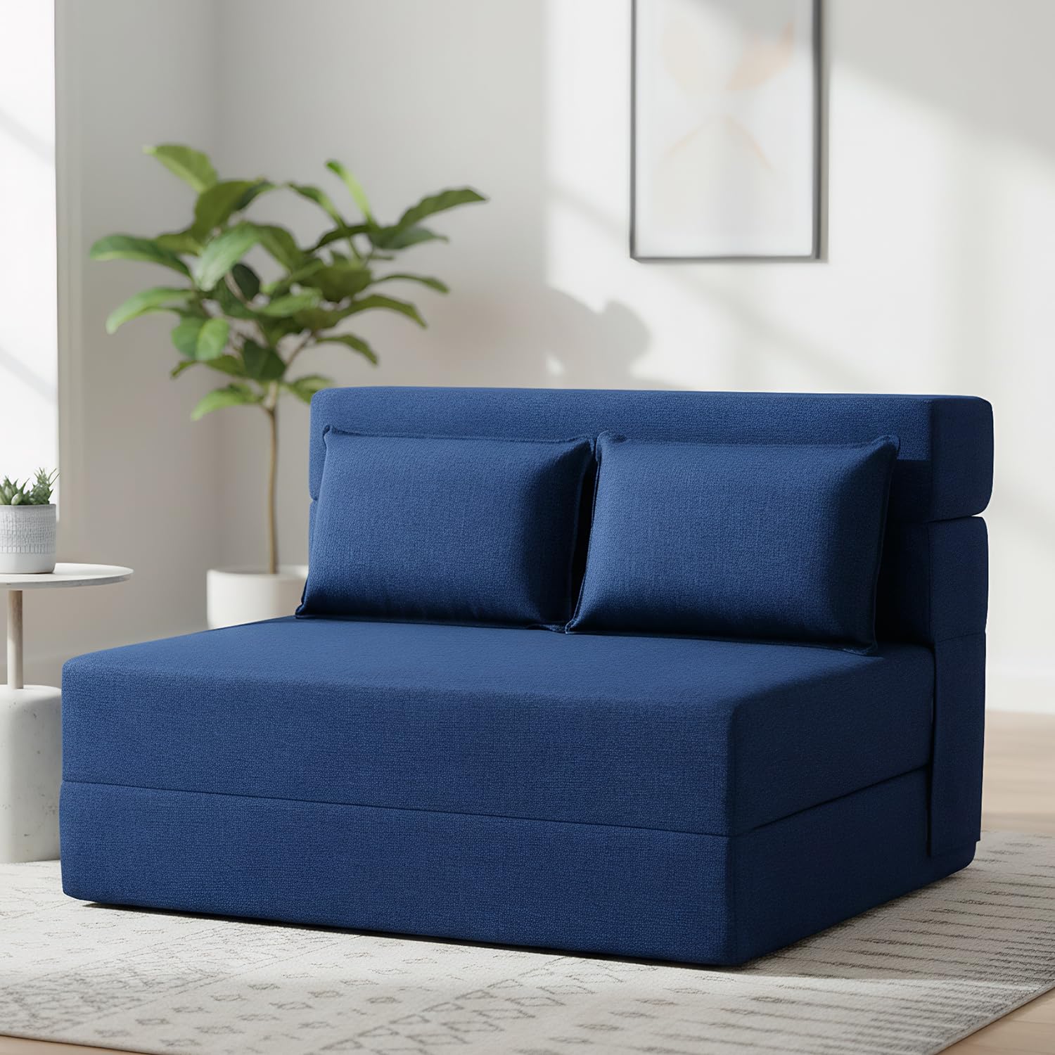 Convertible Folding Sofa Bed - Sleeper Chair with Pillow, Modern Linen Fabric Floor & Futon Couch, Foldable Mattress for Living Room/Dorm/Guest/Home Office/Apartment,Standard Size, Navy Blue