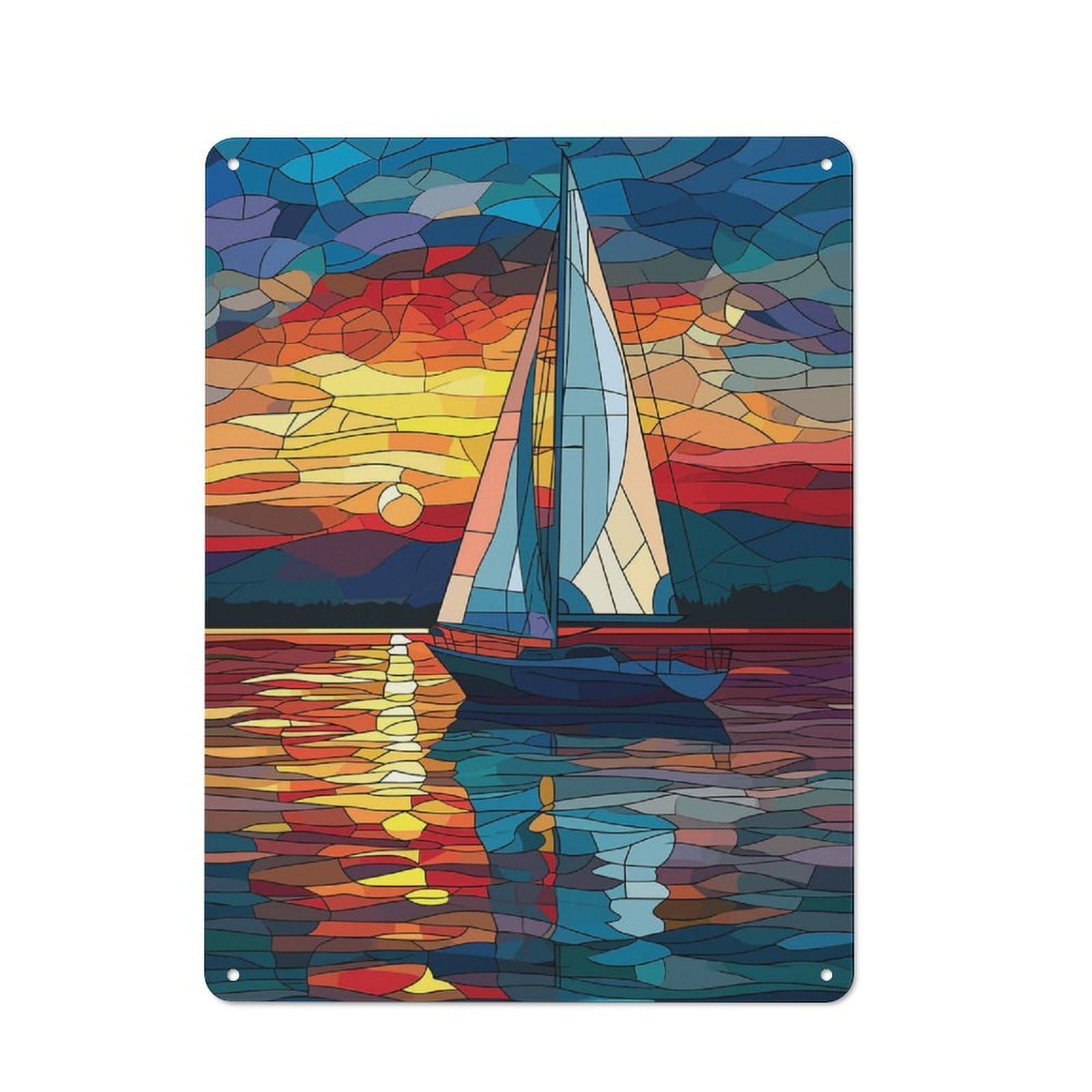 Sailboat Stained Glass Retro-style Tin Sign 40x30cm for Home Bar Wall, with Clear Retro Wall Decor Character