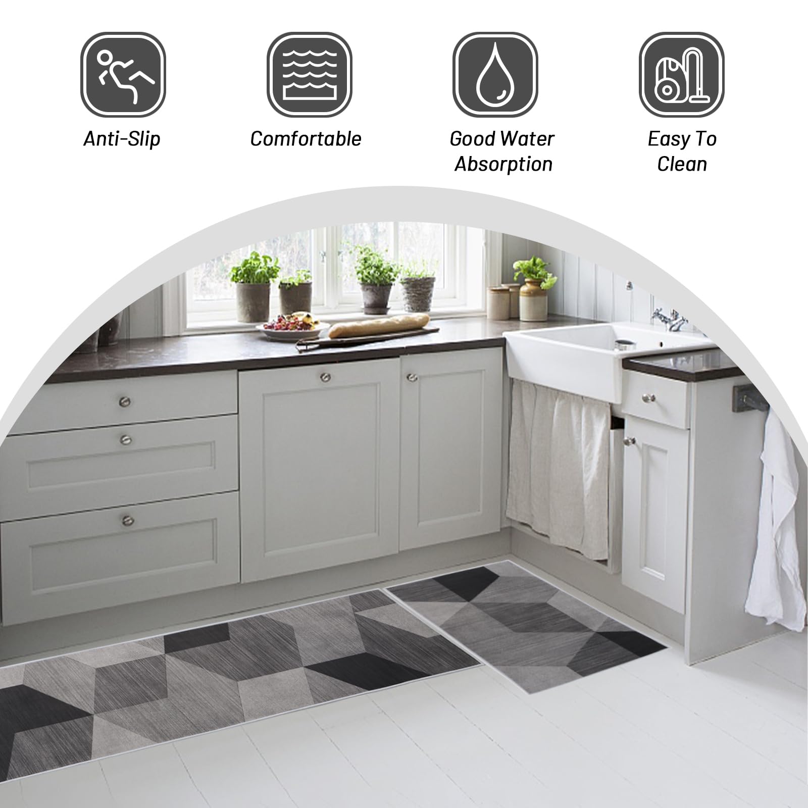 BWBIKE Set di Tappeti da Cucina Tappetini in Piedi in Moquette Lavabili Set di Tappeti da Pavimento Antiscivolo in Microfibra da 2 pezzi, 43 x 75 cm + 43 x 150 cm, Rhombus-Upgrate