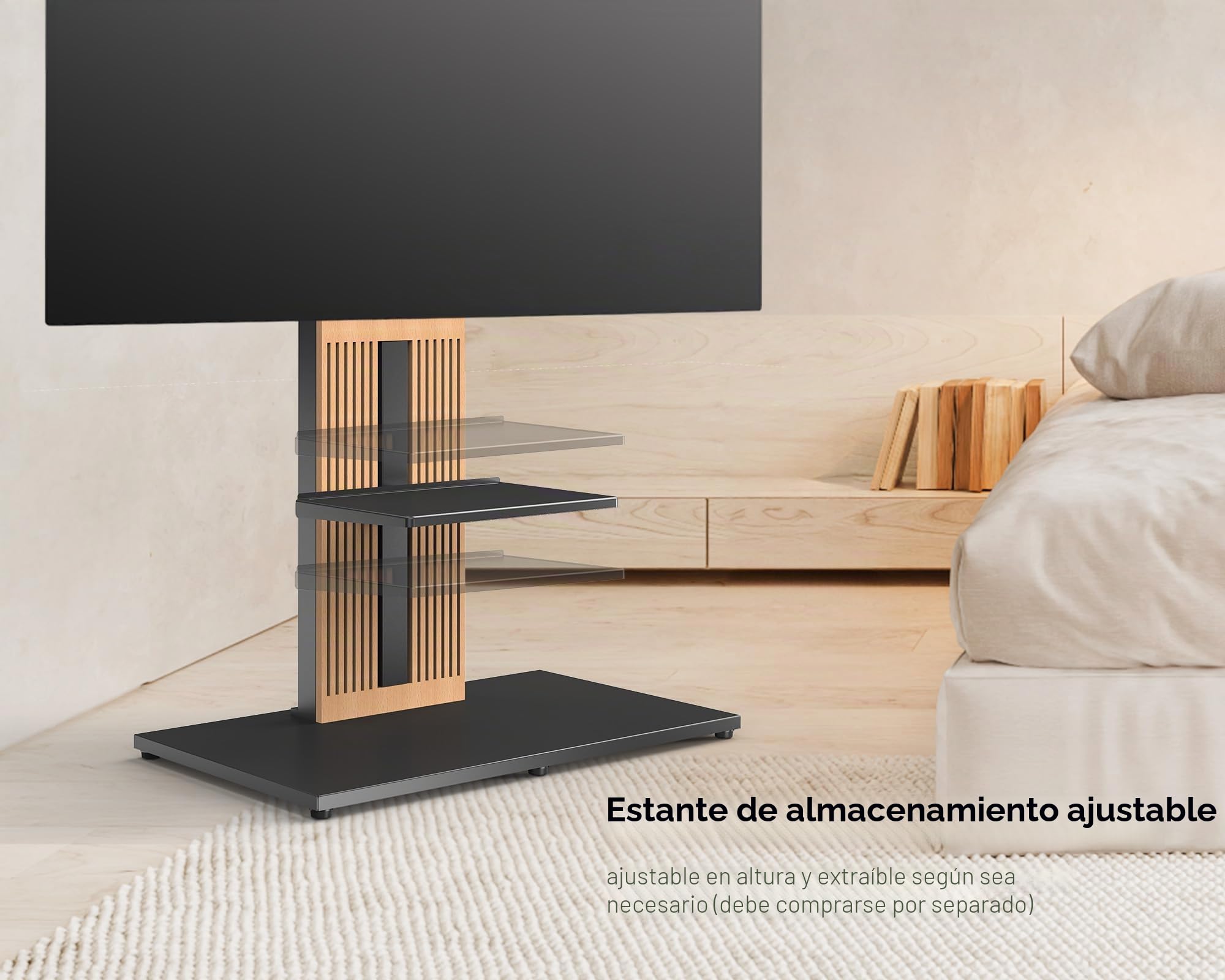 FITUEYES Soporte TV Pie de 43"-88" Pulgadas Soporte TV Suelo de Madera de Haya Pie Altura Ajustable y Giro Negro Serie Zen