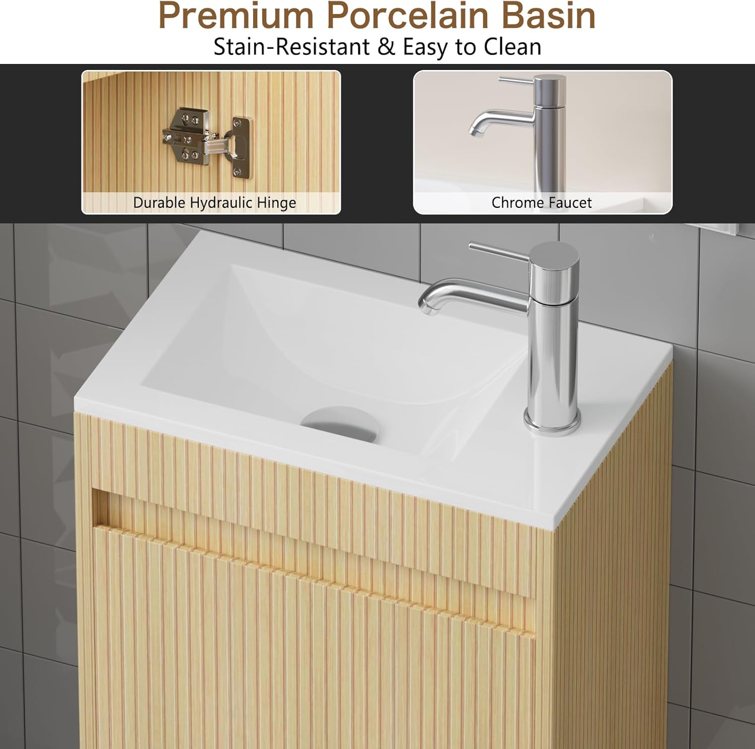 wonline 16" Small Floating Bathroom Vanity Sink Combo, Wall Mounted Narrow Single Cabinet with Resin Basin Sink Top, Water Saving Chrome Faucet & Pop-Up Drain