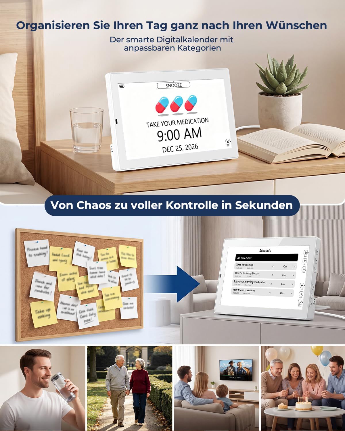 ROCAM Demenzuhr Senioren 10,1 Zoll Digitaler Wecker mit Kalender | 20 Alarmen und Erinnerungen, Großes IPS Display, Datum, Wochentag, Temperatur, Luftfeuchtigkeit, Foto-Diashow über USB/SD
