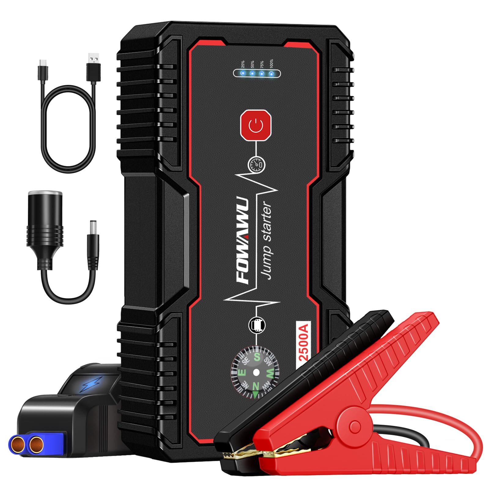 FOWAWU Starthilfe Powerbank 2500A 22800mAh 12V Tragbarer Motorrad Auto (Motoren Bis zu 8.0L Benzin oder 6.5L Diesel) Starthilfegerät Autobatterie mit LED Taschenlampe/USBLadegerät