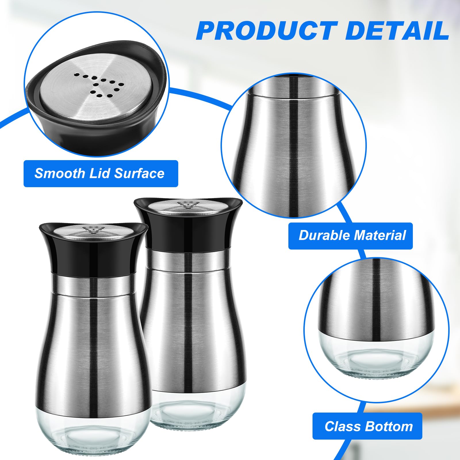 Layhit Juego de 12 saleros y pimenteros de acero inoxidable con tapa de acero inoxidable y botella de vidrio, dispensador de sal recargable para mesa de cocina, utensilios de cocina y barbacoa