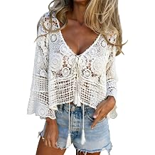 Women's 3/4 Sleeve Crochet Tops Summer Floral Beach Swim Cover Ups