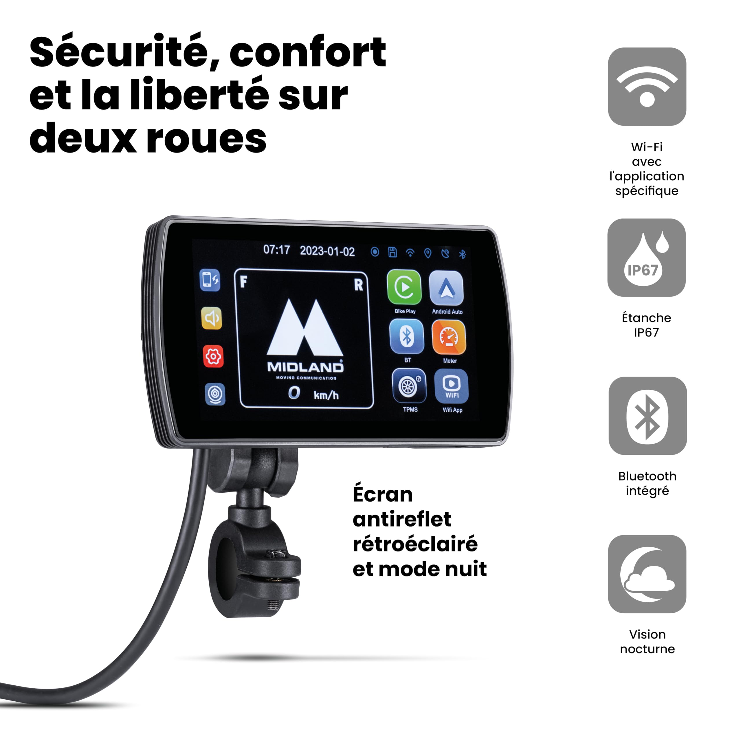 Midland - BikePlay Pro, Accessoires Moto Bluetooth - Navigateur Moto Écran Miroring Tactile 5,5" Compatible avec Android Auto et Carplay, Résistant IP67, Résolution Full HD, Accessoire Rétroéclairé