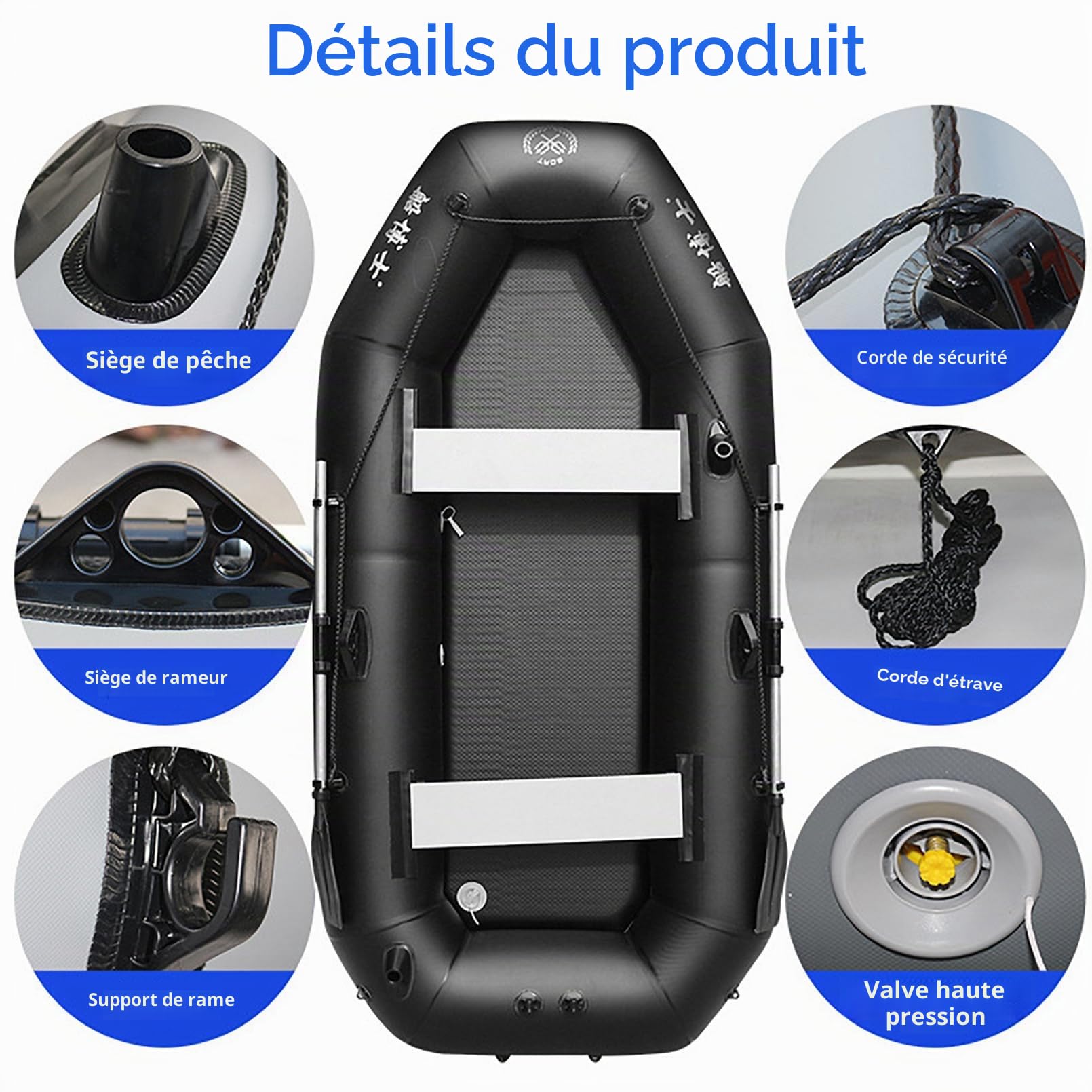 Bateau pneumatique 2,60 m pour 4-5 Personnes - Bateau Gonflable mer - annexe Bateau Gonflable - PVC Super résistant – Charge de 360 kg - rames de Bateau et Une Pompe à Haut rendement