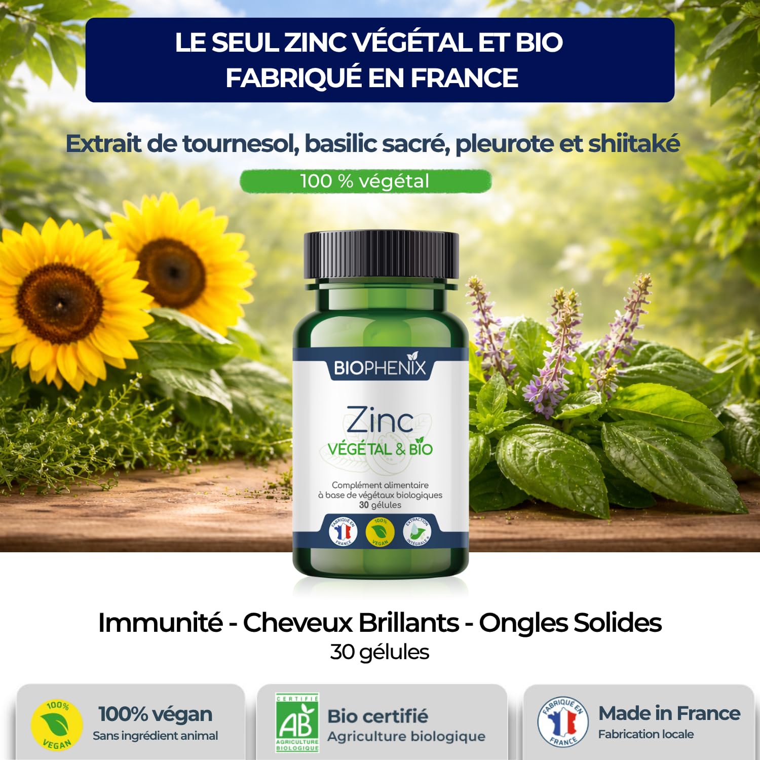 Biophénix - Zinc Bio 30 gélules - Procédé Exclusif Extraction Intégrale® - Complément Alimentaire 100% Naturel à Base de Végétaux - 0% Excipien - Nouvelle formule - Fabriqué en France - Vegan