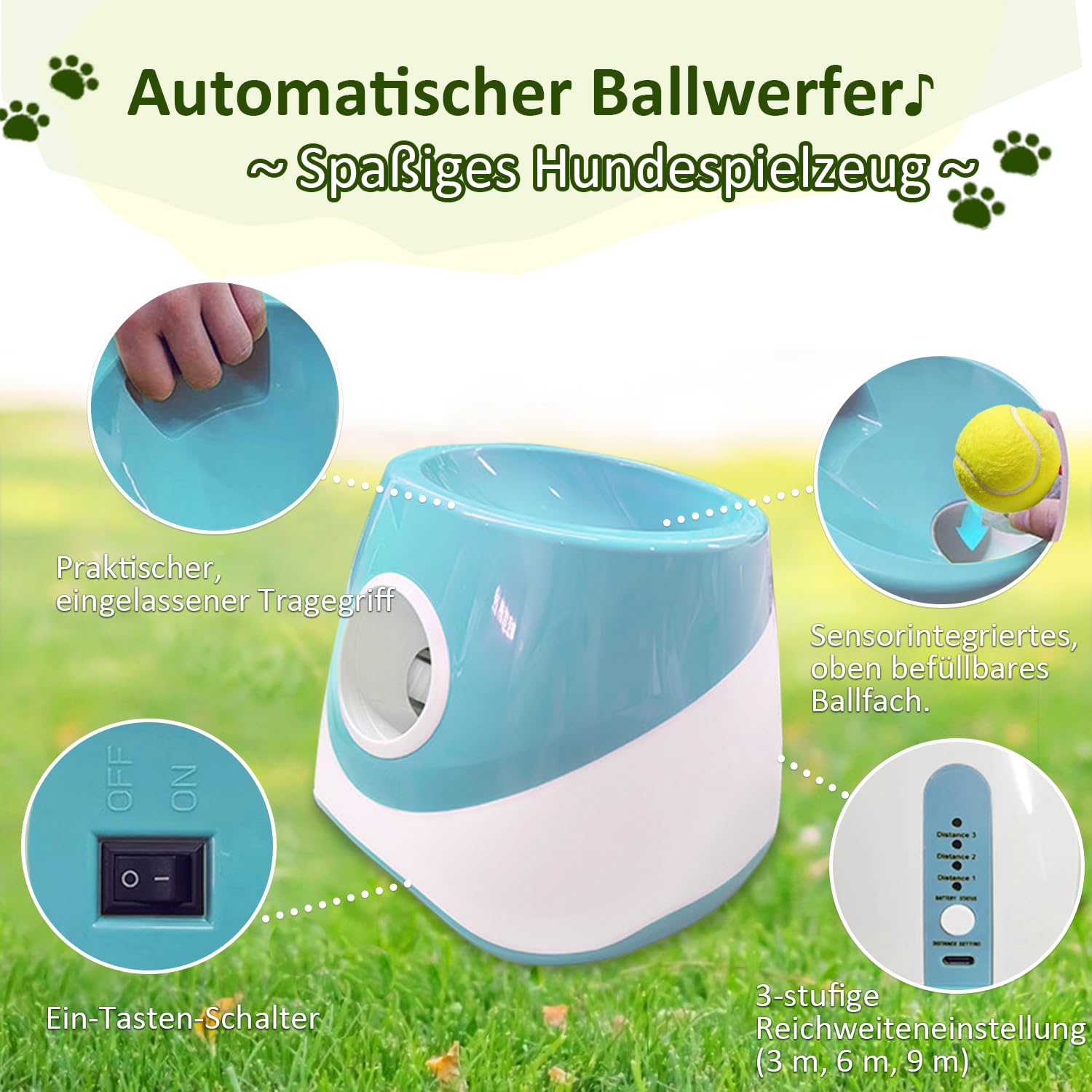 kurflo Automatischer Ballwerfer für Hunde, Automatischer Ballwurf, inkl. 3 verbesserter ETPU-Bälle, 3 Wurfweiten, Automatisches Auffangen, Ideal für Kleine, mittele Hunde Größe M (Weiß-Blau)