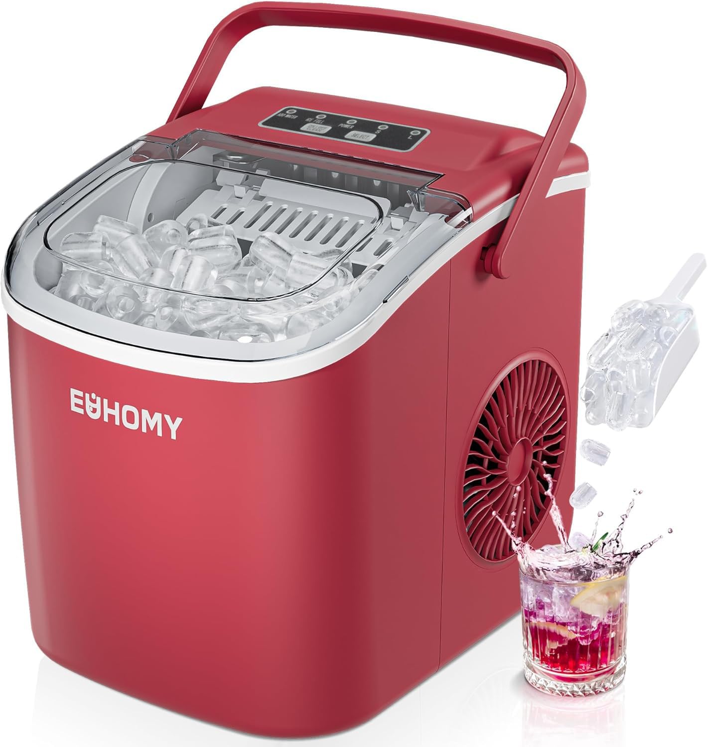 EUHOMY Eiswürfelmaschine Kleine - 9 Eiswürfel in 6 Minuten, Selbstreinigend, Mit Tragegriff und Eiskorb, 12 KG/Tag, Für Küche, Zuhause, Camping, RV, Rot
