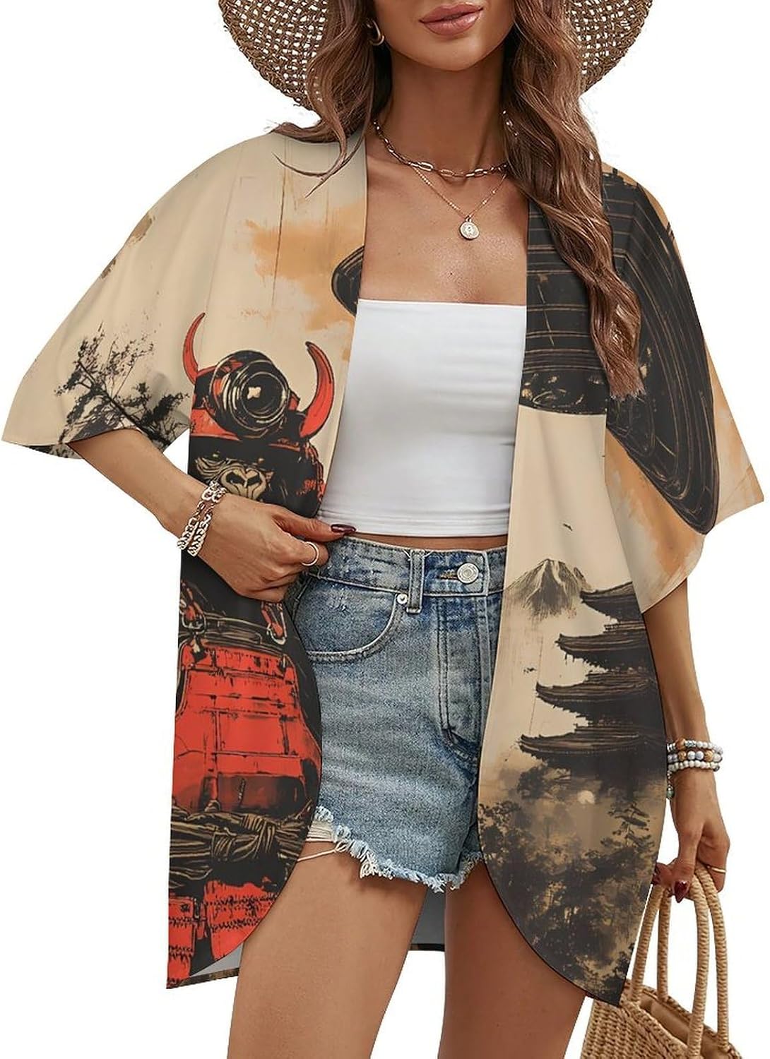 Japanese Chimpanzee Samurais Monkey Women's Open Front Cardigan Short Sleeves Jacket Lightweight Sweaters Tops