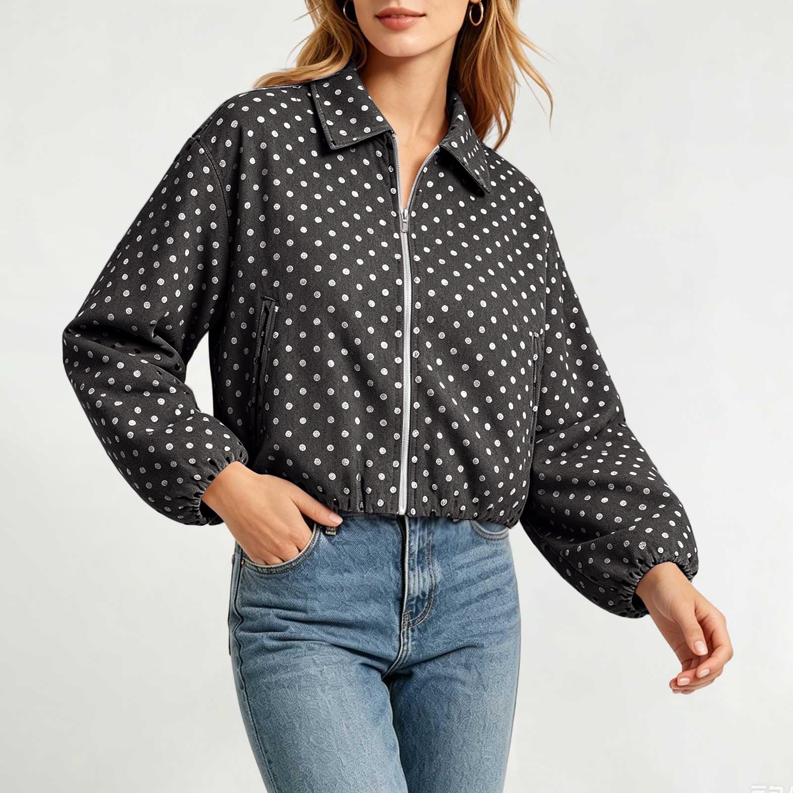 FUPODD Kurzmantel Damen Übergang Punkte Damen Jacke Winter Bomberjacke Kurz