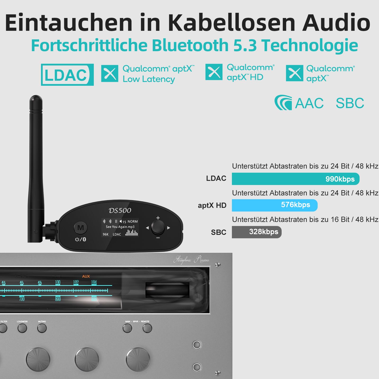 1Mii HiFi Bluetooth 5.3 Empfänger mit OLED Display, LDAC & aptX HD, Audio Adapter mit DAC & EQ-Modus, Großer Reichweite, Optischem, Koaxial & RCA Ausgang für Stereoanlage & Verstärker – DS500