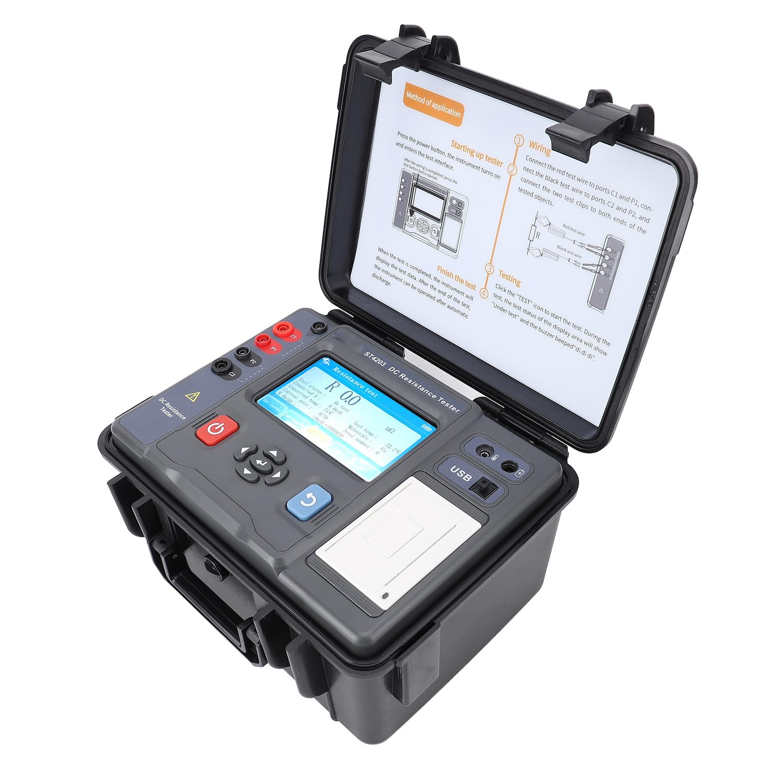 Generic Cyfrowy Megaomomierz, Tester Megaomów Bluetooth, 5-calowy Tester Ekranu Dotykowego z wbudowaną drukarką, Idealny do Testu Ciągłości Uzwojenia Transformatora, Rezystora i Przewodu Uziemiającego