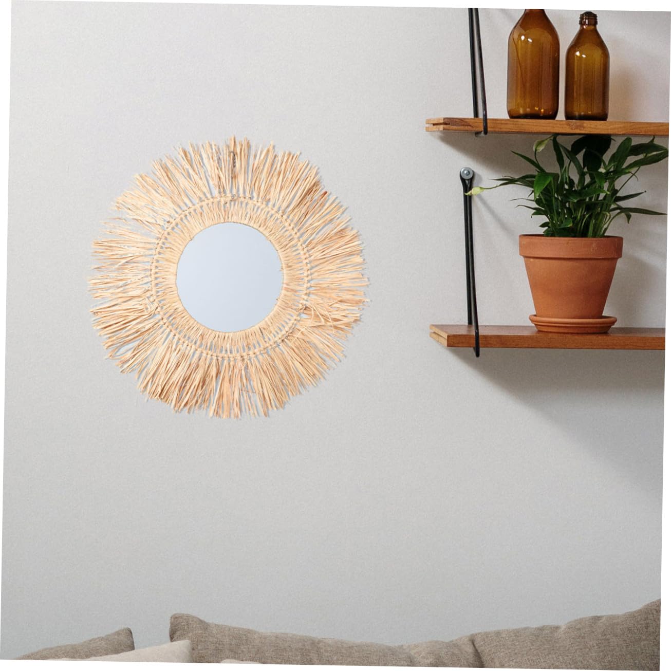 Zerodeko Runder Strohgeflechtspiegel mit Glas, Wandmontage, Retro
