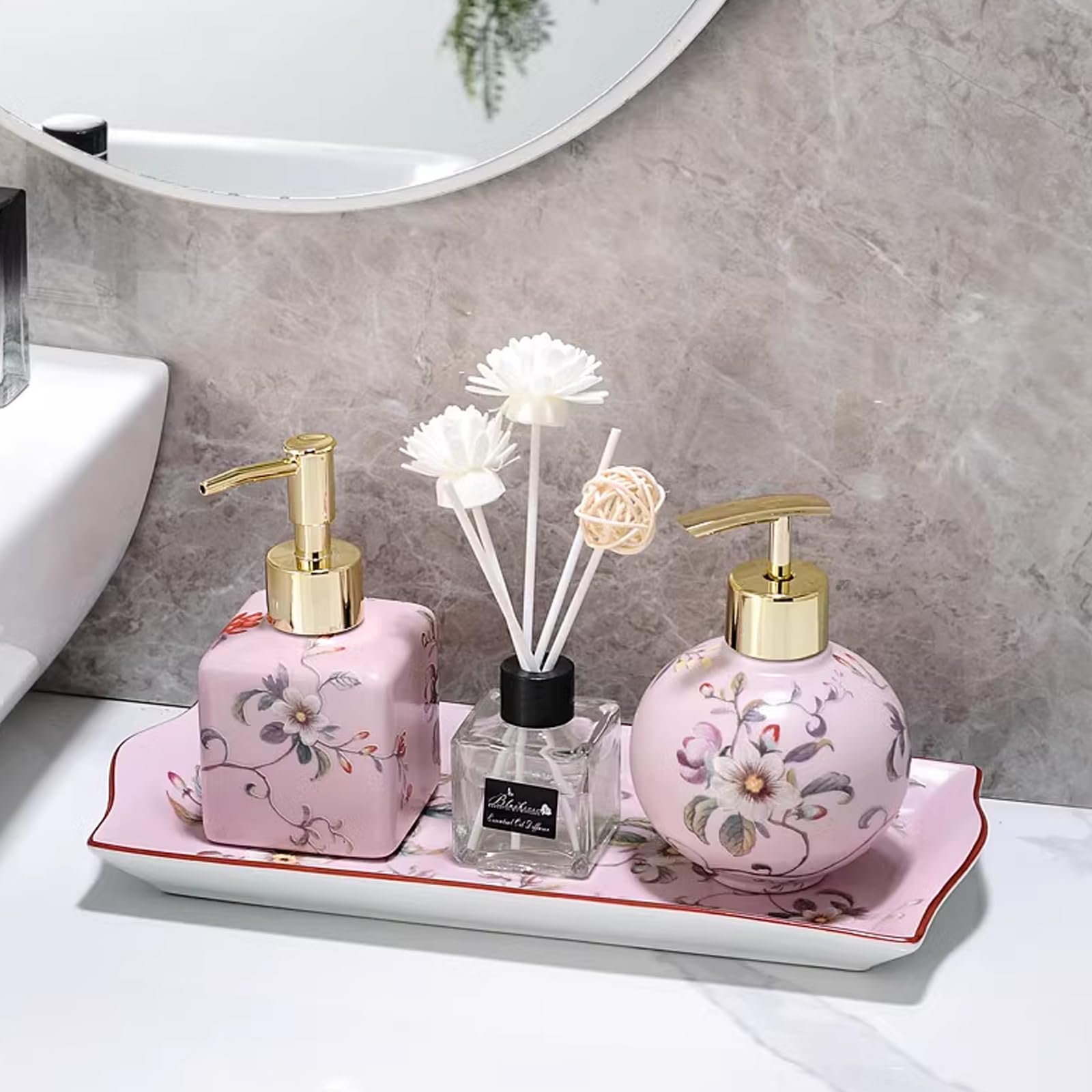 Lot de 4 distributeurs de Savon et Lotion en Flacon céramique avec Plateau et étiquette d'aromathérapie pour Salle de Bain, Cuisine et Toilettes (Rose)