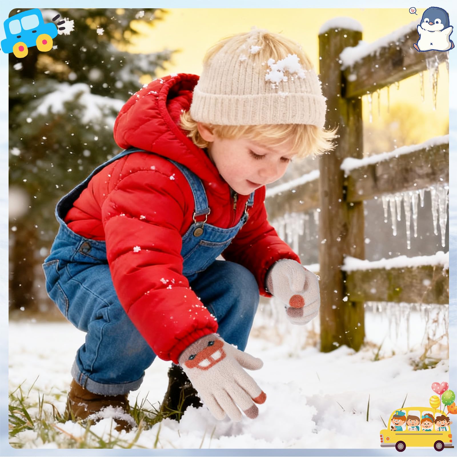Lot de 3 paires de gants magiques pour enfants motif voiture, gants tricotés chauds et élastiques, mitaines d'hiver, 2-5 ans