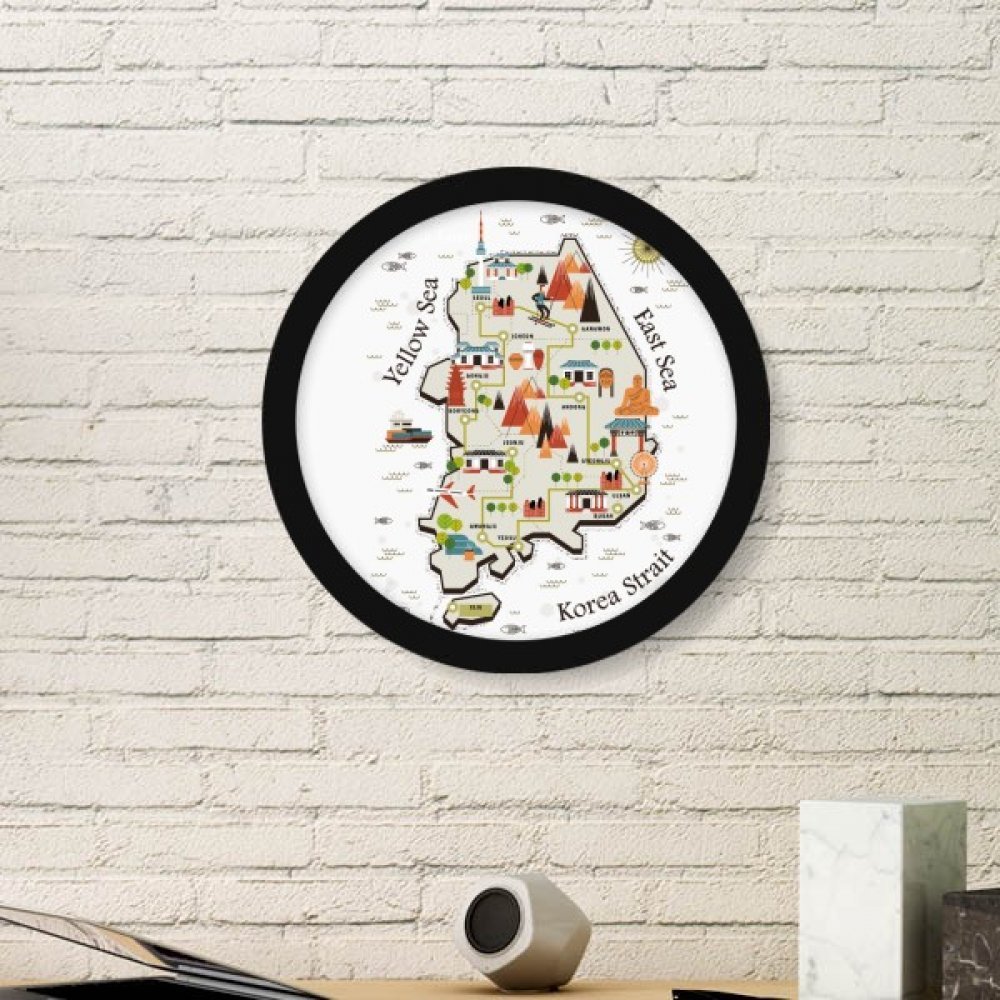 Mapa de Corea del Sur cuadro redondo negro con fotos de señales para decoración