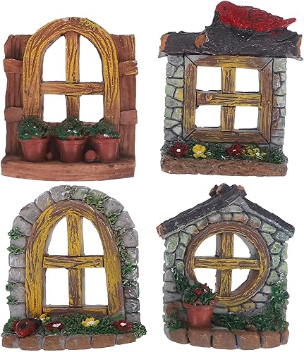 DOITOOL 4 piezas de suministros de jardín de hadas, miniaturas para ventana y puerta, resina para puerta, mini banco, estatua de puerta, adornos de
