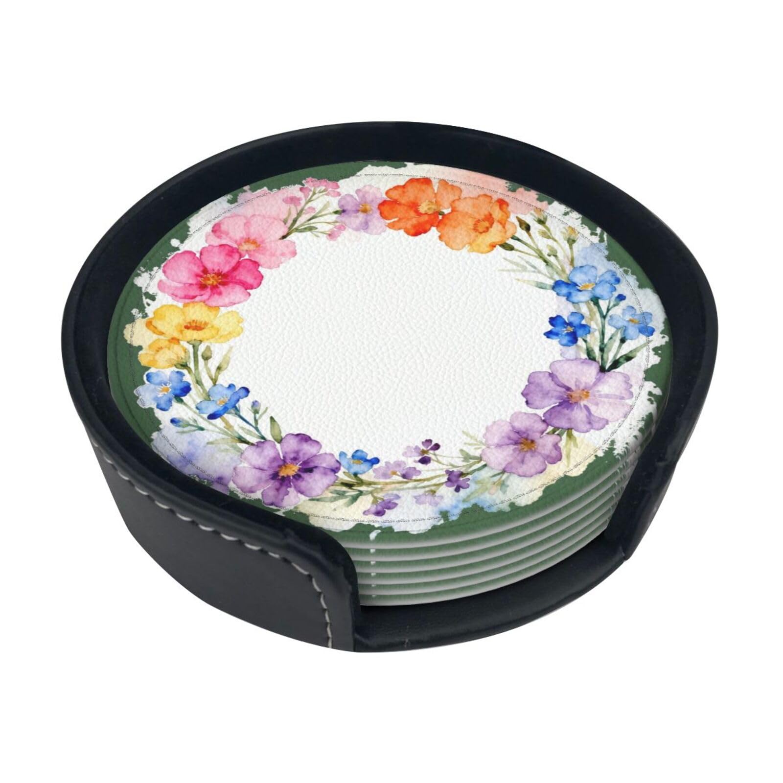 Cntdbu White Wildflower Wreath Leather Coasters Set Of 6-Pu Leather Drink Mats For Table, Heat Resistant Round Coasters With Holder