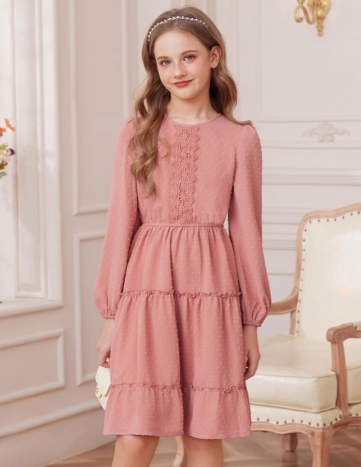 GRACE KARIN Girls Long Sleeve Fall Dress Casual Party Teen Swiss Dot Ruffle Tiered Lace Dresses for 7-14 Years - Image 6