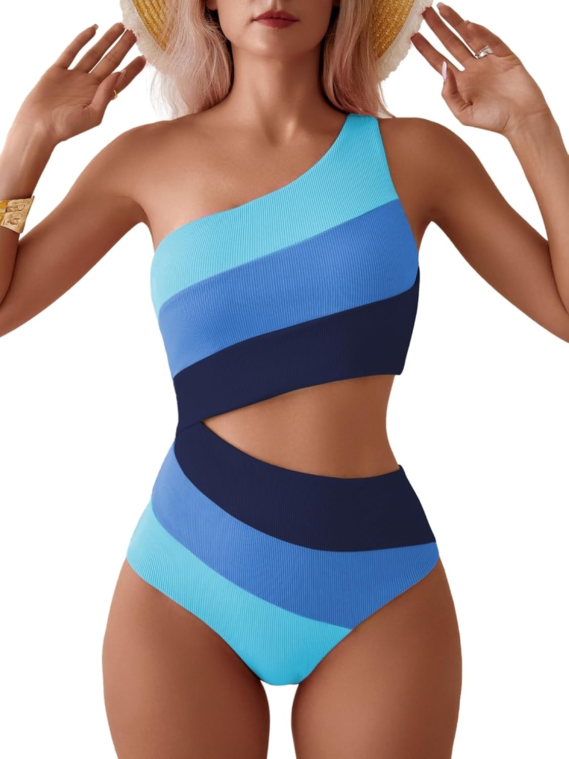 TASHEHE Women's One Shoulder One Piece Swimsuit Sexy Neon Color Block Bathing Suit Modest Full Coverage Cutout Swimwear