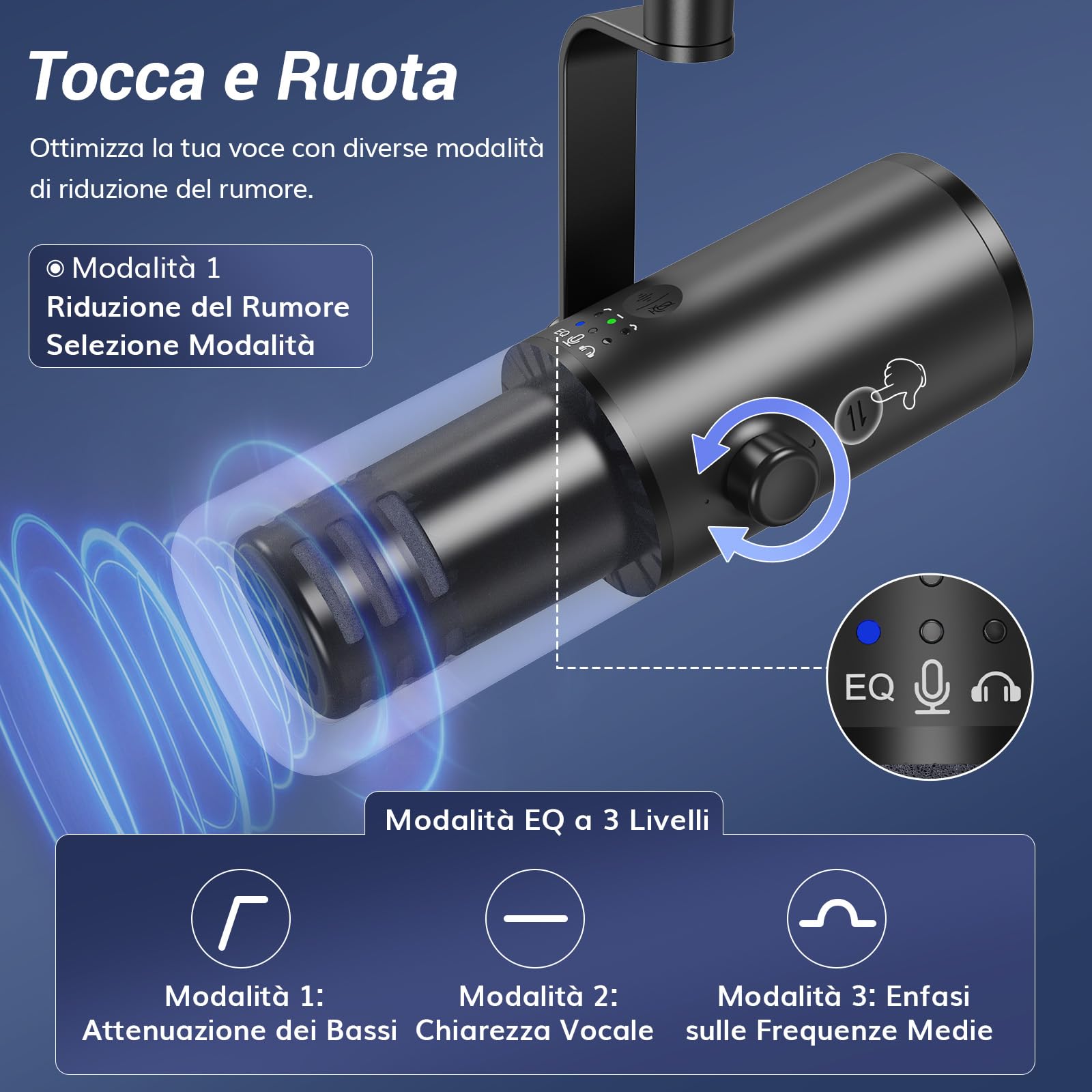 TONOR Microfono podcast dinamico per studio, microfono XLR/USB, cancellazione del rumore AI, funzione tap mute, jack per cuffie da 3,5 mm, controllo volume, micro con supporto da tavolo, nero, TD510