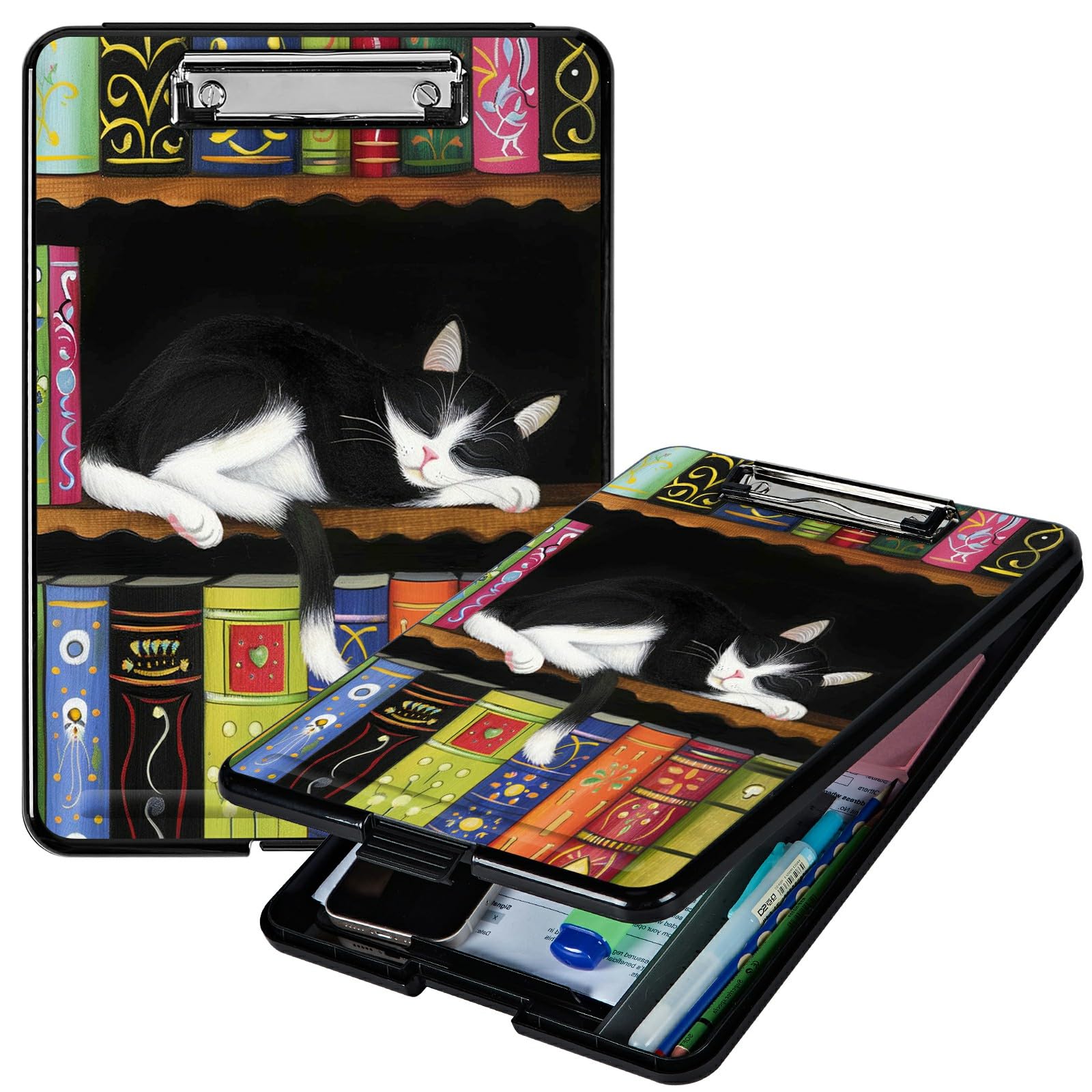 RWUTYTIUL Bookshelf Cat A4 Clipboard with Storage Pen Holder, Clipboards Organizer Nursing Clipboard Foldable File Folder Plastic Clipboard Folio Clip Board for Office Students Classroom Doctor โ image 1
