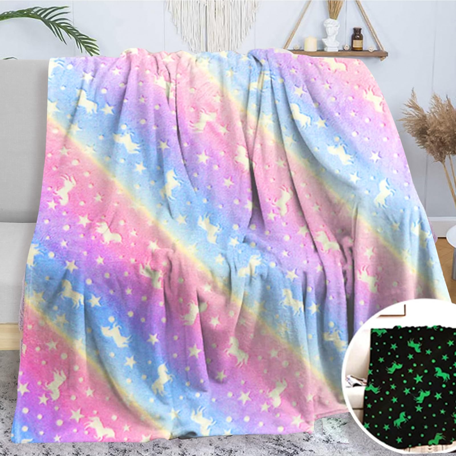 LXTOPN Coperta Luminosa al buio, coperta con unicorno per bambini e adulti, 150 x 200 cm morbida coperta in flanella per per ragazzi e ragazze, divano (gradiente, 150 x 200 cm)