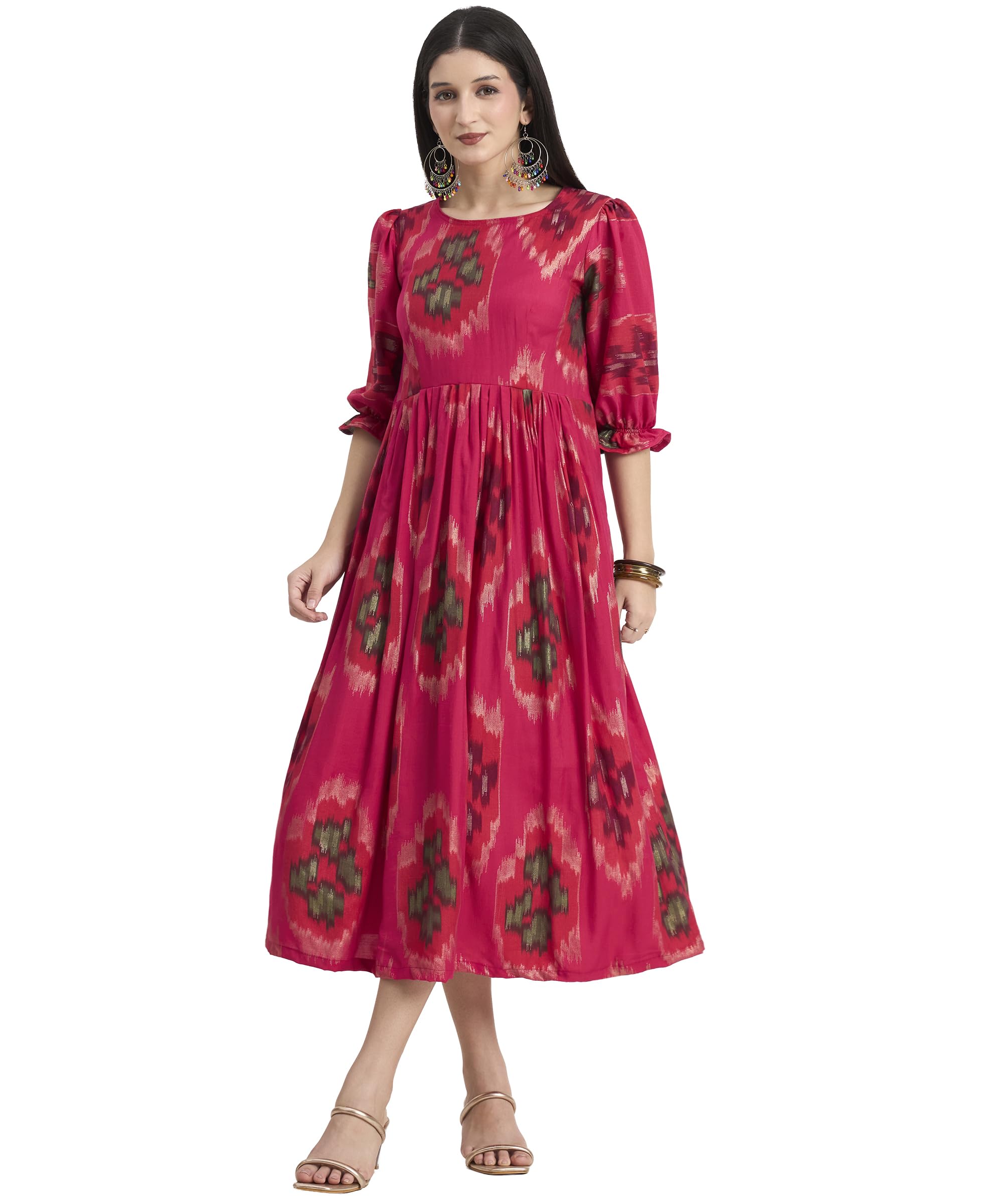 Women's Rayon Pink Ikat Print Midi Dress Maxi, Round Neck, Puff Sleeves, Flared A-Line Silhouette Size Xs to 3XL-picture-29