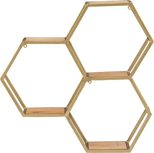 Vista 10 de Dealya Gold Metal Honeycomb Wall Shelves with Wood Shelves by Powell