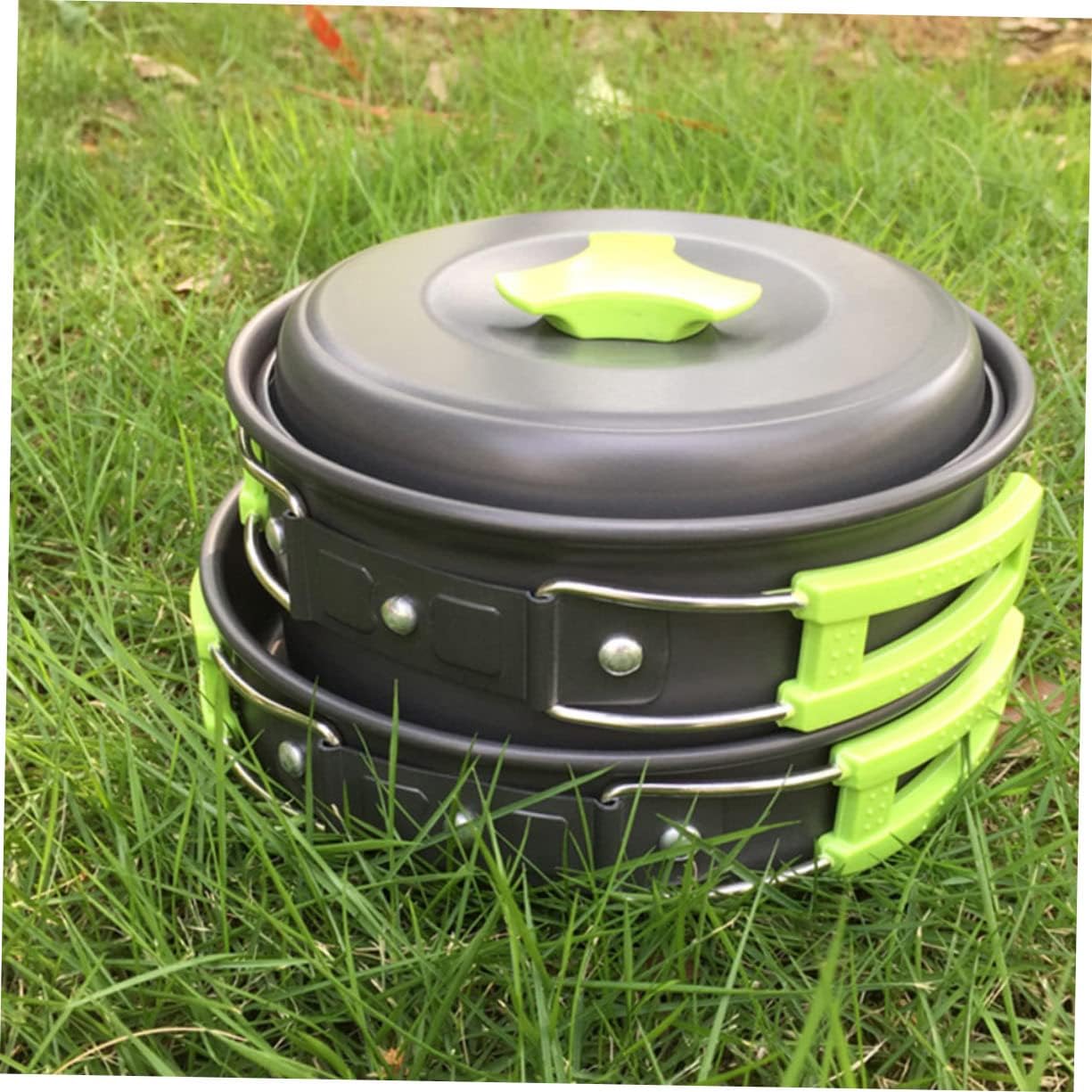 1set Person Portable Outdoor Cookware Set Green Handle Camping Cookware Kit Accessories Carrying Bag for Hiking Backpacking and Picnics