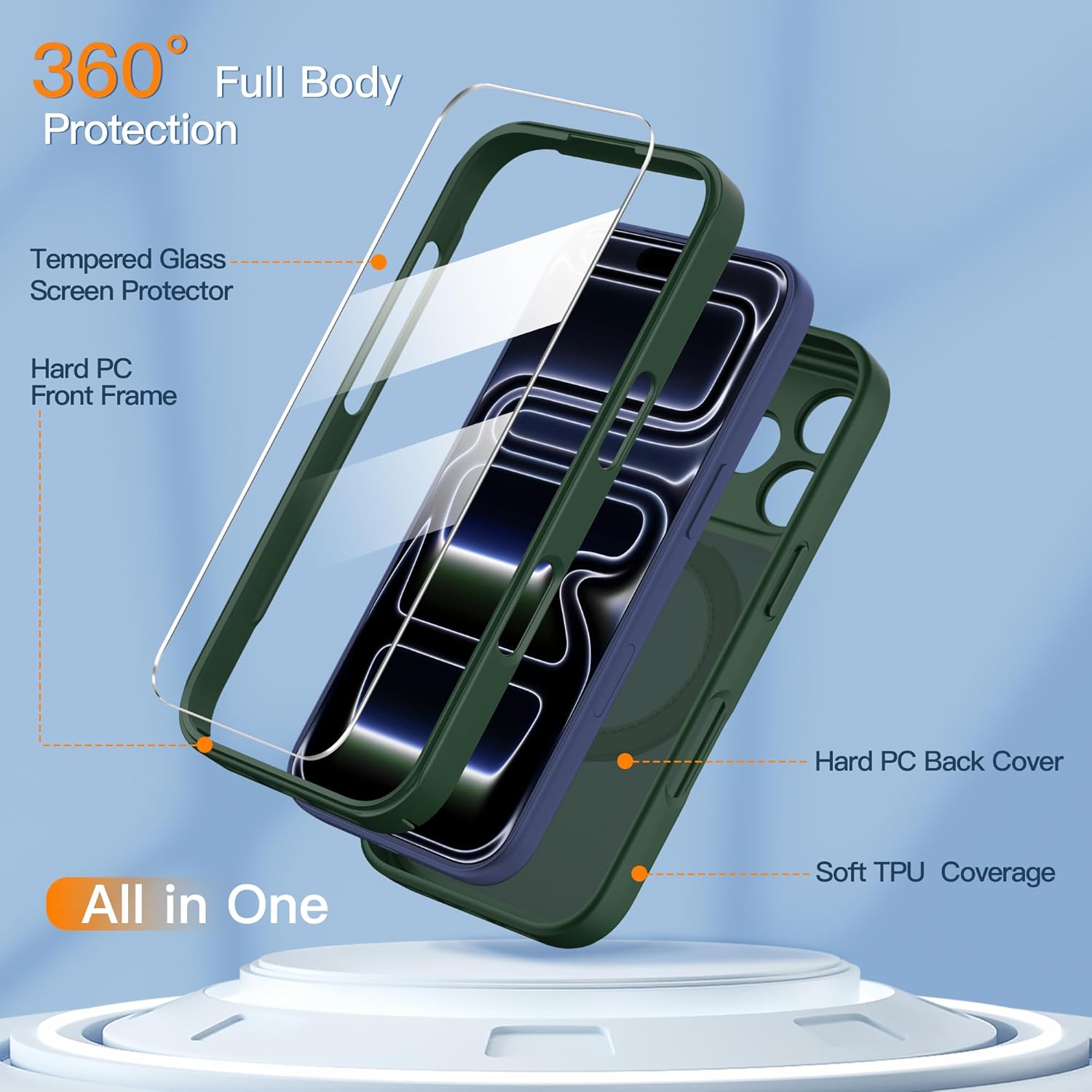 Magnetic for iPhone 17 Pro Case [2 x Screen Protector] Compatible with MagSafe Translucent Matte Military Grade 17 FT Drop Shockproof Full Camera Protection 360° Spin Stand Phone Cover Green