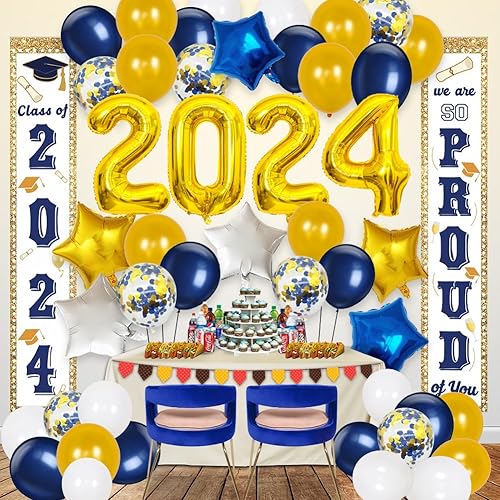 Decoraciones de fiesta de graduación 2022 azul marino y dorado 2022 decoraciones de graduación clase de 2022 We Are So Proud Of You, letrero de