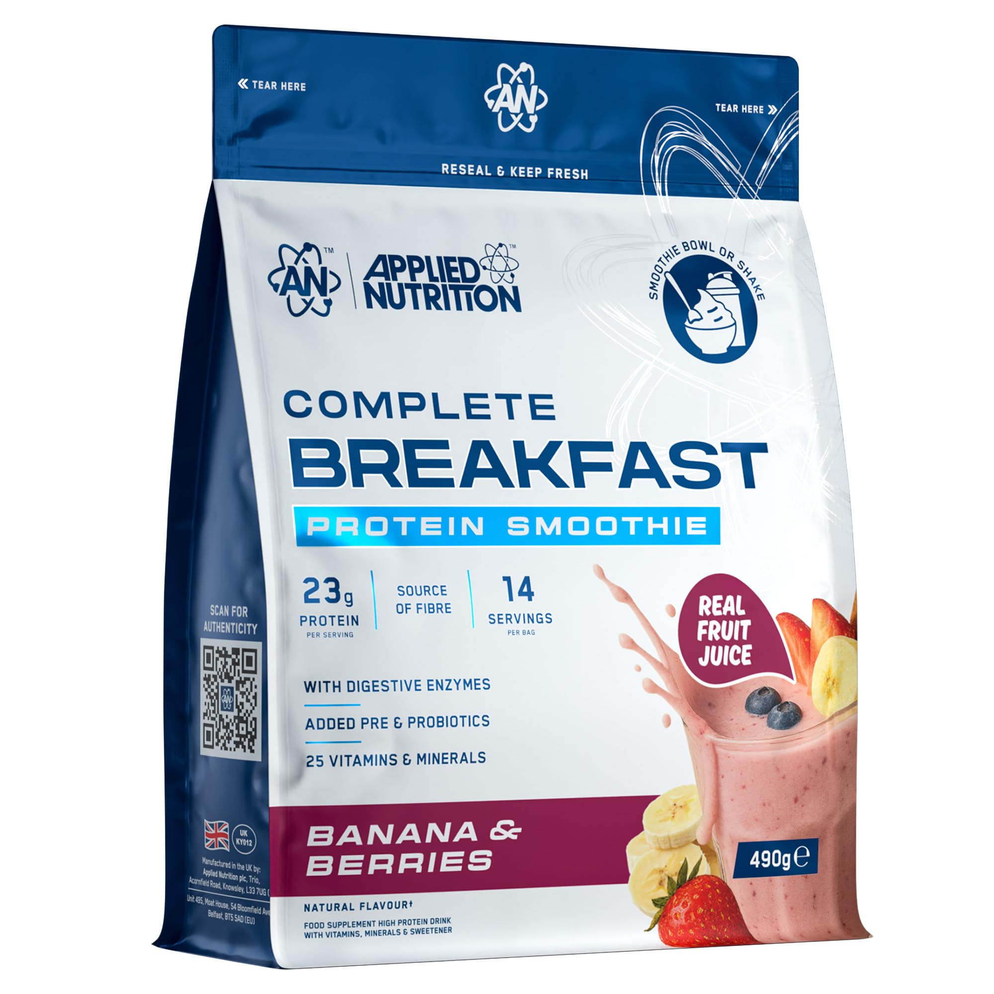 Applied Nutrition - Complete Breakfast Smoothie - 23g Protein - Best Breakfast Shake - Best Protein Smoothie - Daily Nutrition Support - (490g – 14 Servings) (Banana & Berries)