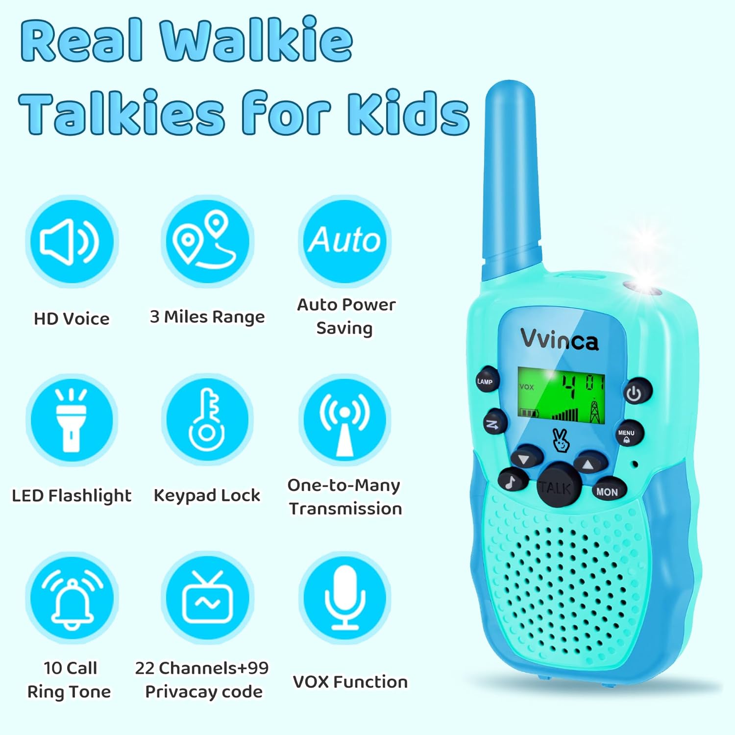 Vvinca Walkie Talkies for Kids Rechargeable 4 Pack, 3 Mile Walkie Talkie Long Range, Christmas Birthday Gift for Age 3-12 Boy Girl with Flashlight 22CH 2 Way Radio for Adventure Camping Outdoor Hiking - Image 3