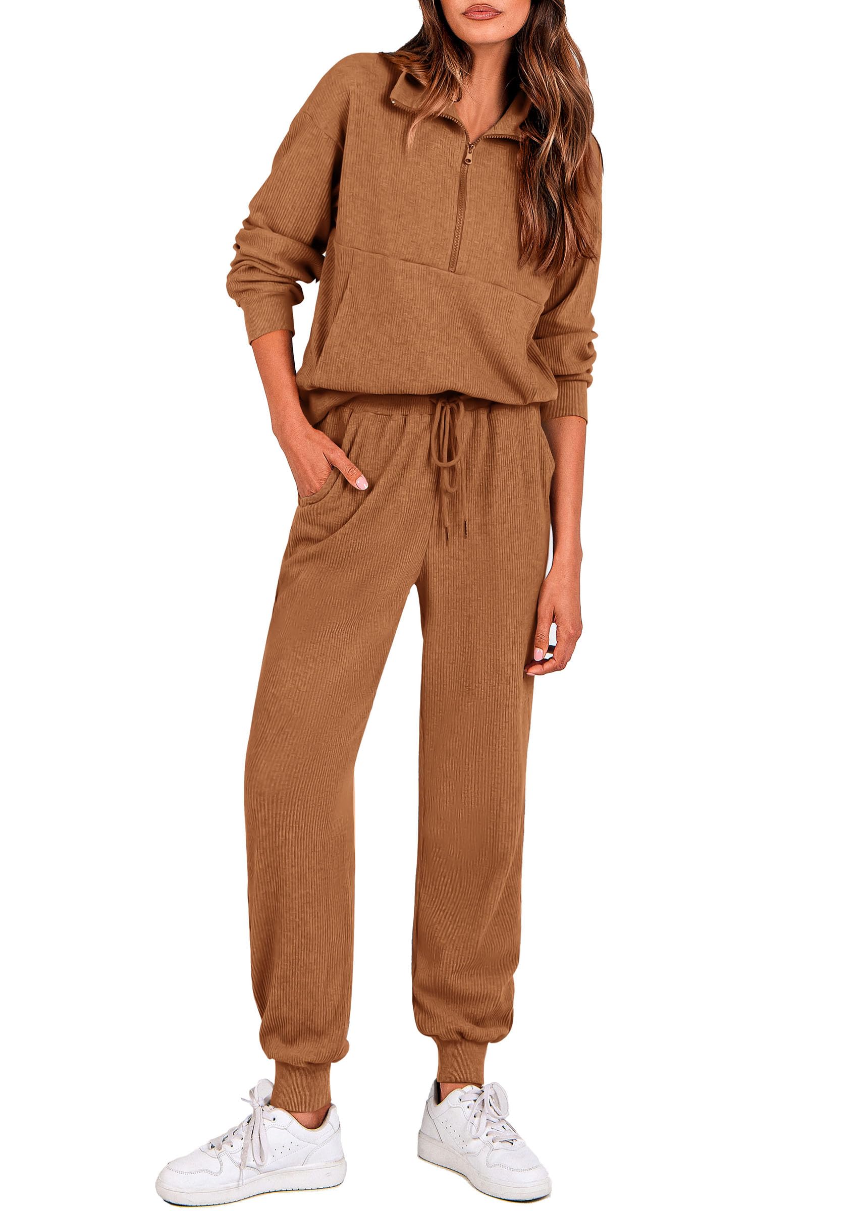 PRETTYGARDEN Airport Travel Outfit Women Ribbed Knit Matching Lounge Sets
