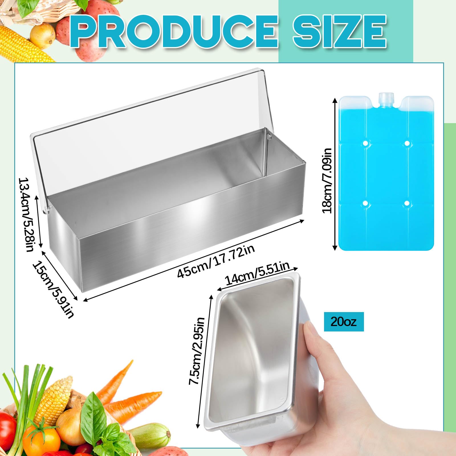 Boao Dispensador de condimentos de acero inoxidable con tapa e inferior, bandeja de condimentos de acero inoxidable de 6 ranuras, bandeja de guarnición enfriada por hielo con 4 cajas de hielo para