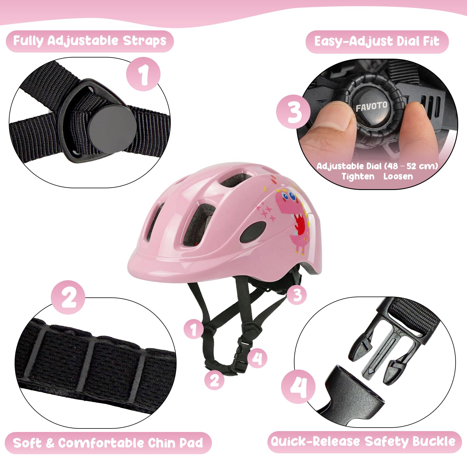 Favoto Casco Bici per Bambini - Leggero Regolabile Traspirante Casco Protettivo Antiurto per Bicicletta Monopattino Skateboard e Roller con Ventilazione e Fodera Lavabile, Certificato CE