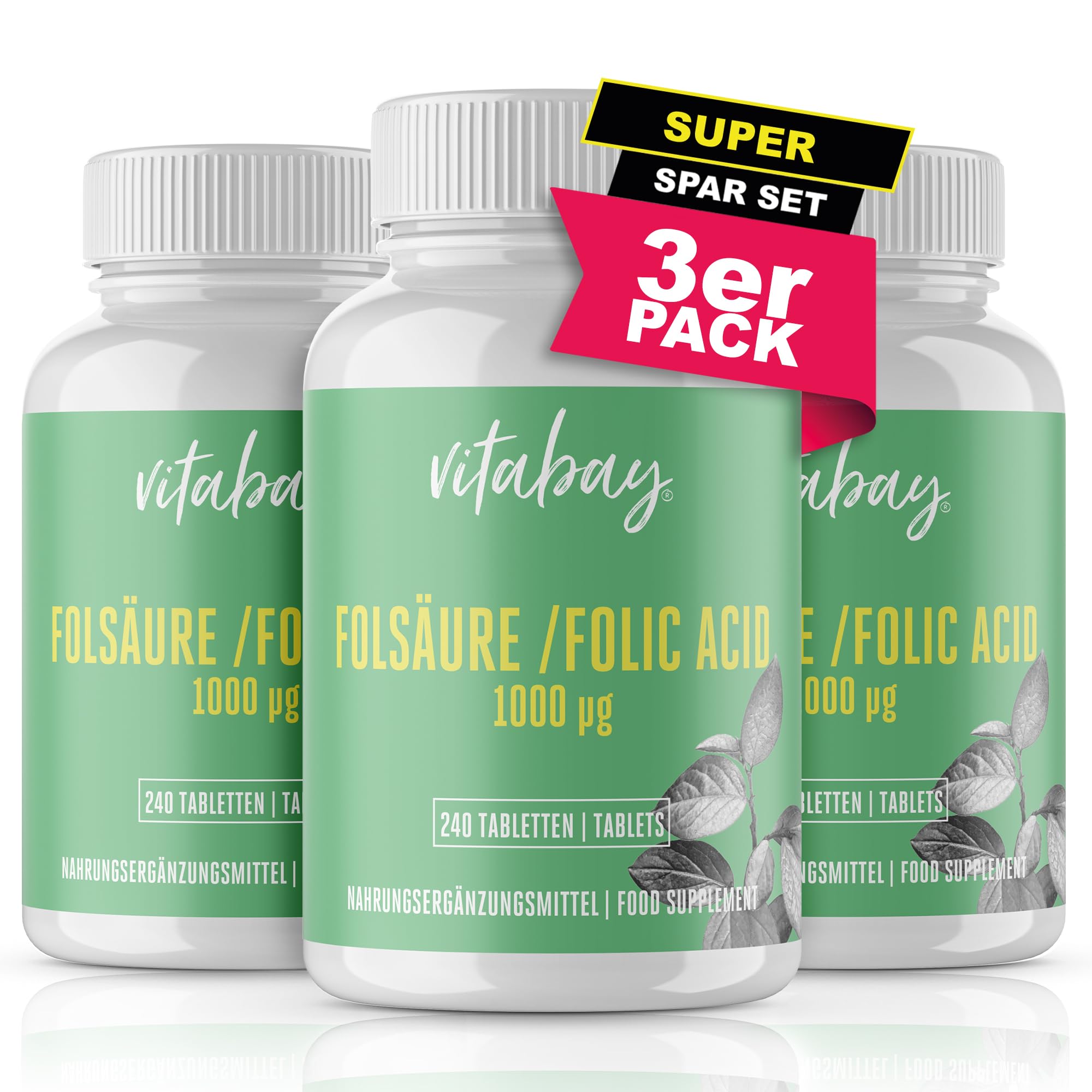 Vitabay Folsäure Hochdosiert 1000 mcg (Vitamin B9) – 720 vegane Tabletten