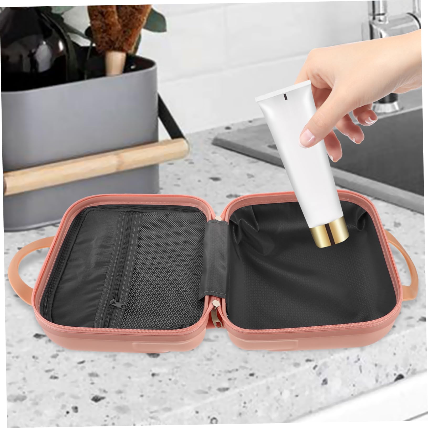 Beauty Case da Viaggio Rigido Rosa con Manico, Grande Capacità