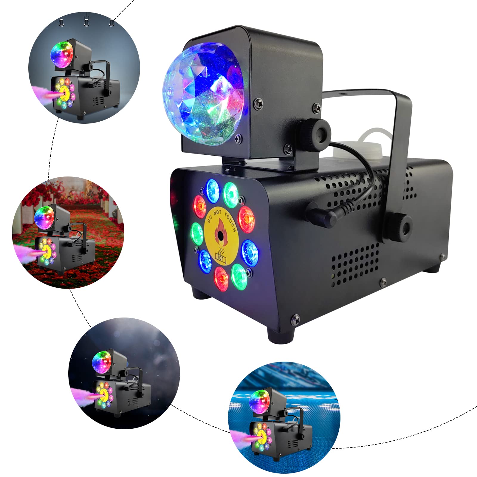 Máquina de niebla de 500 W con bola de discoteca, 12 colores / 9 LED efecto luz ahumada, mini luz de discoteca, luz de fiesta con mando a distancia inalámbrico para DJ, discoteca, fiesta, Halloween,