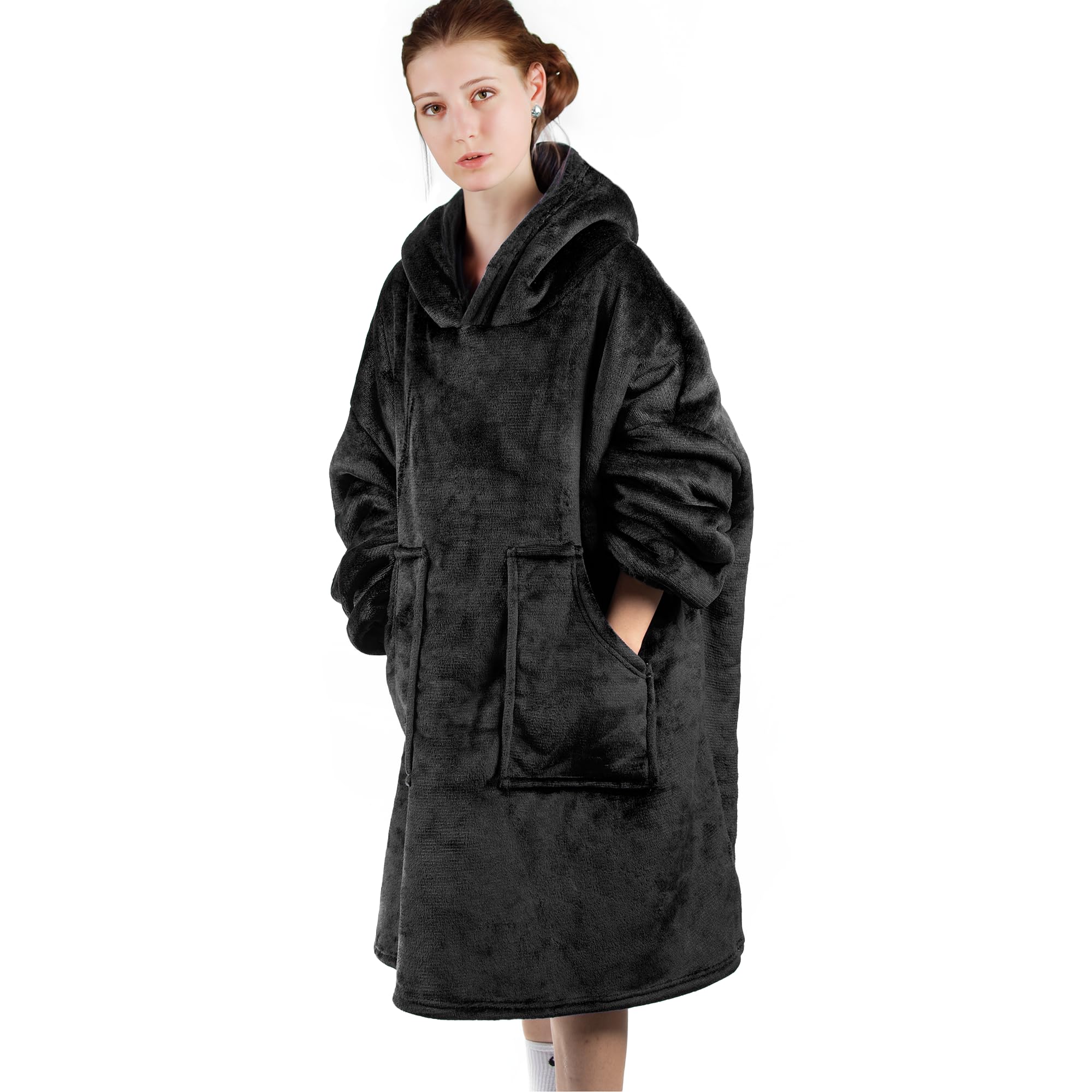 Black Wearable Blanket Hoodie,Oversized Sherpa Sweatshirt Blanket