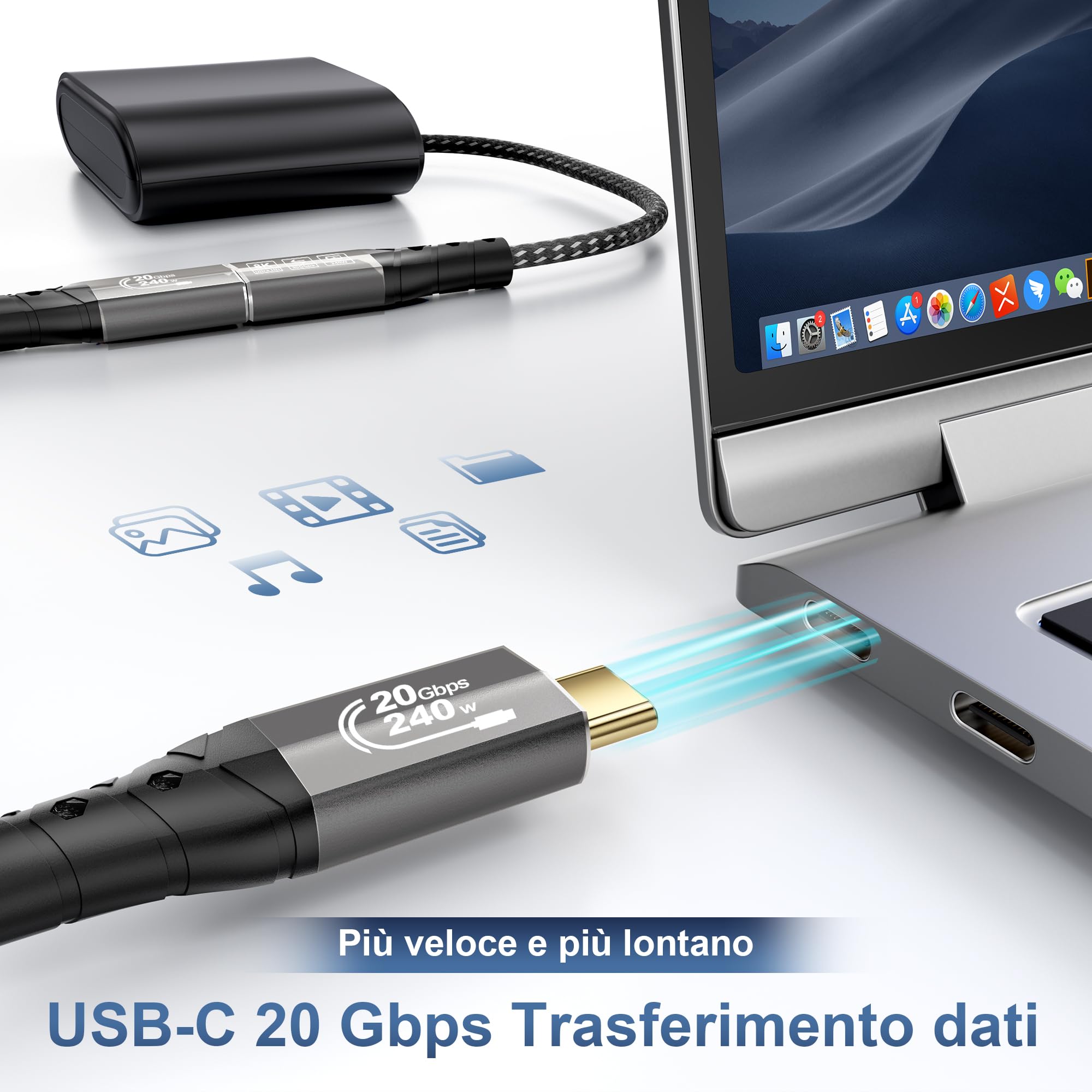 ZIKNYDO Prolunga USB C 5 metri,(USB C 3.2 Gen 2x2, PD3.1 240W 48V/5A, Video 8K@30Hz, 4K@60Hz/ 144Hz) Prolunga Cavo USB type C per Thunderbolt 4, iPhone 16, MacBook, caricabatterie MagSafe, Switch
