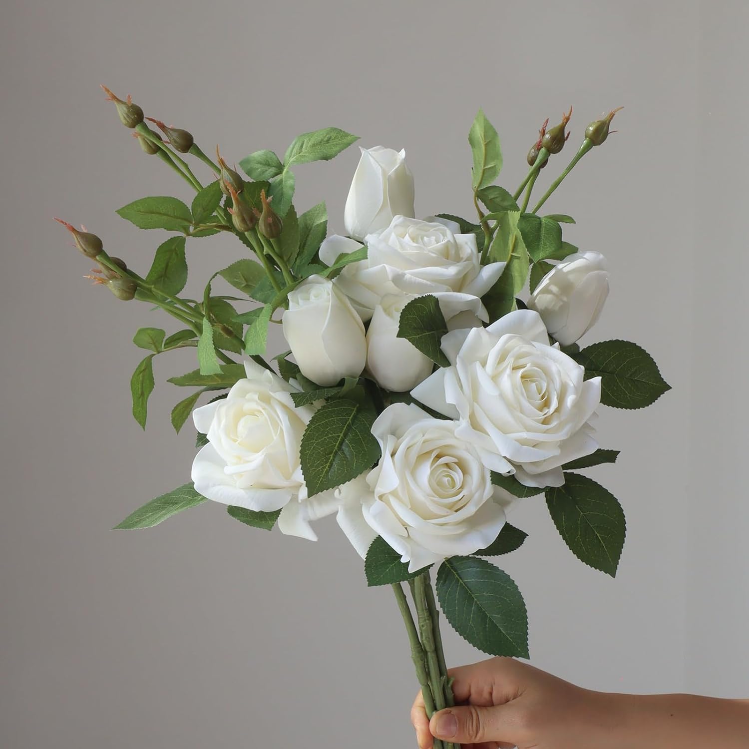Buart Artificial Silk Flowers Real Touch Realistic Roses Bouquet Long Stem for Home Wedding Party Valentine's Day Mother's Day Table Centerpieces Decorations (White,8 Flower Head)