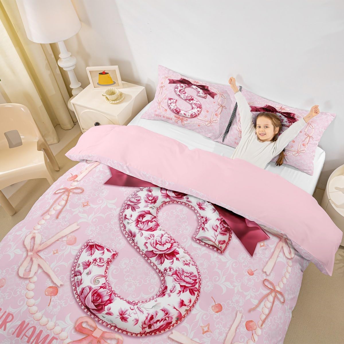 Erosebridal Customized Pink Floral Bow Duvet Cover Toddler 3D Coquette Alphabet Initial W Comforter Cover Set Princess Trendy Preppy Bowknot Bed Set Watercolor Aesthetic Light Pink Bedding Set(W)