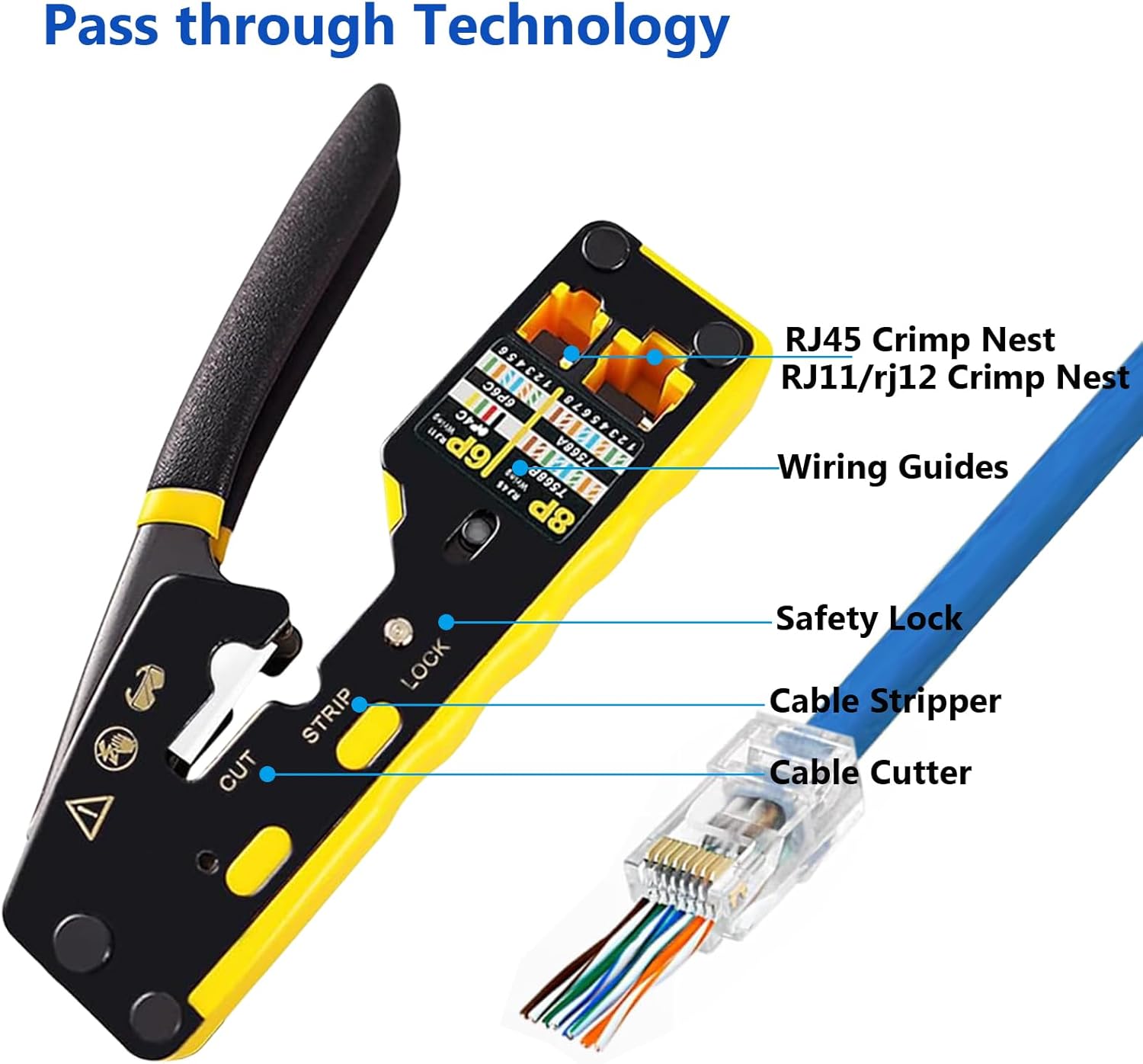 RJ45 Pass Through Crimp Tool Crimper RJ45 Crimping Tool Stripper Cutter All-in-One Cat5 Cat5e Cat6 Cat7 Cat8 Wire Cutter for RJ45 8P Connector RJ11/12 6P2C,6P4C,6P6C Telephone Network ADLS modulator