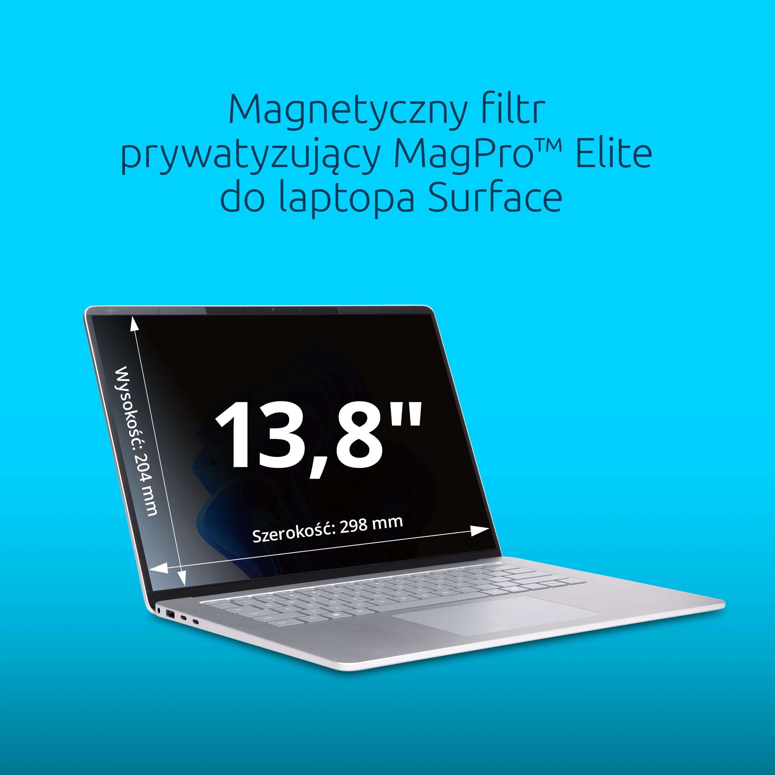 Magnetyczny filtr Kensington Elite – do laptopa Surface 13,8" (7 generacja), prywatyzujący, blokuje niebieskie światło, antyodblaskowy, odporny na rysowanie, działa z dotykiem i rysikiem Surface